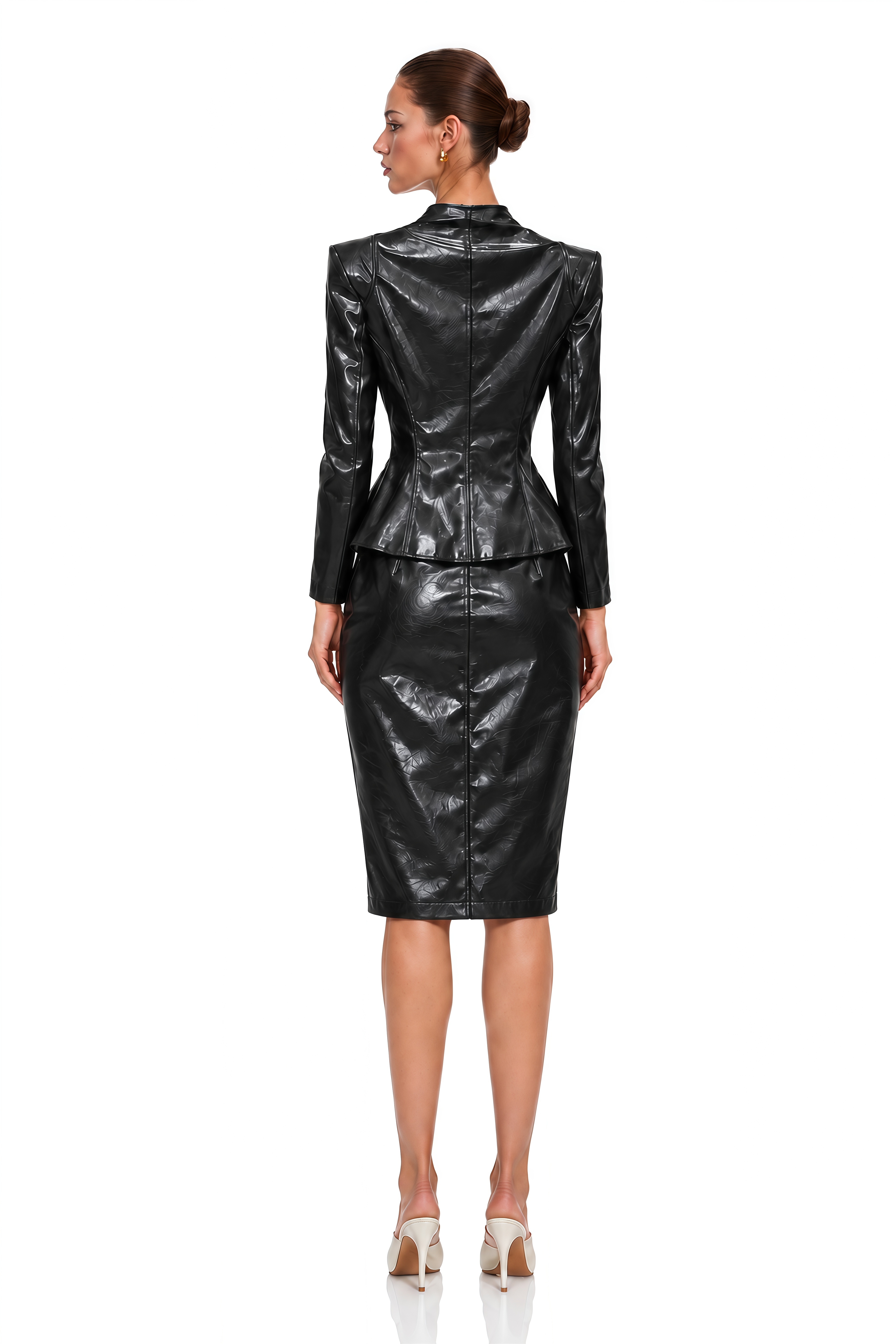 Zoya Black Leather Peplum Jacket & Midi Skirt Set