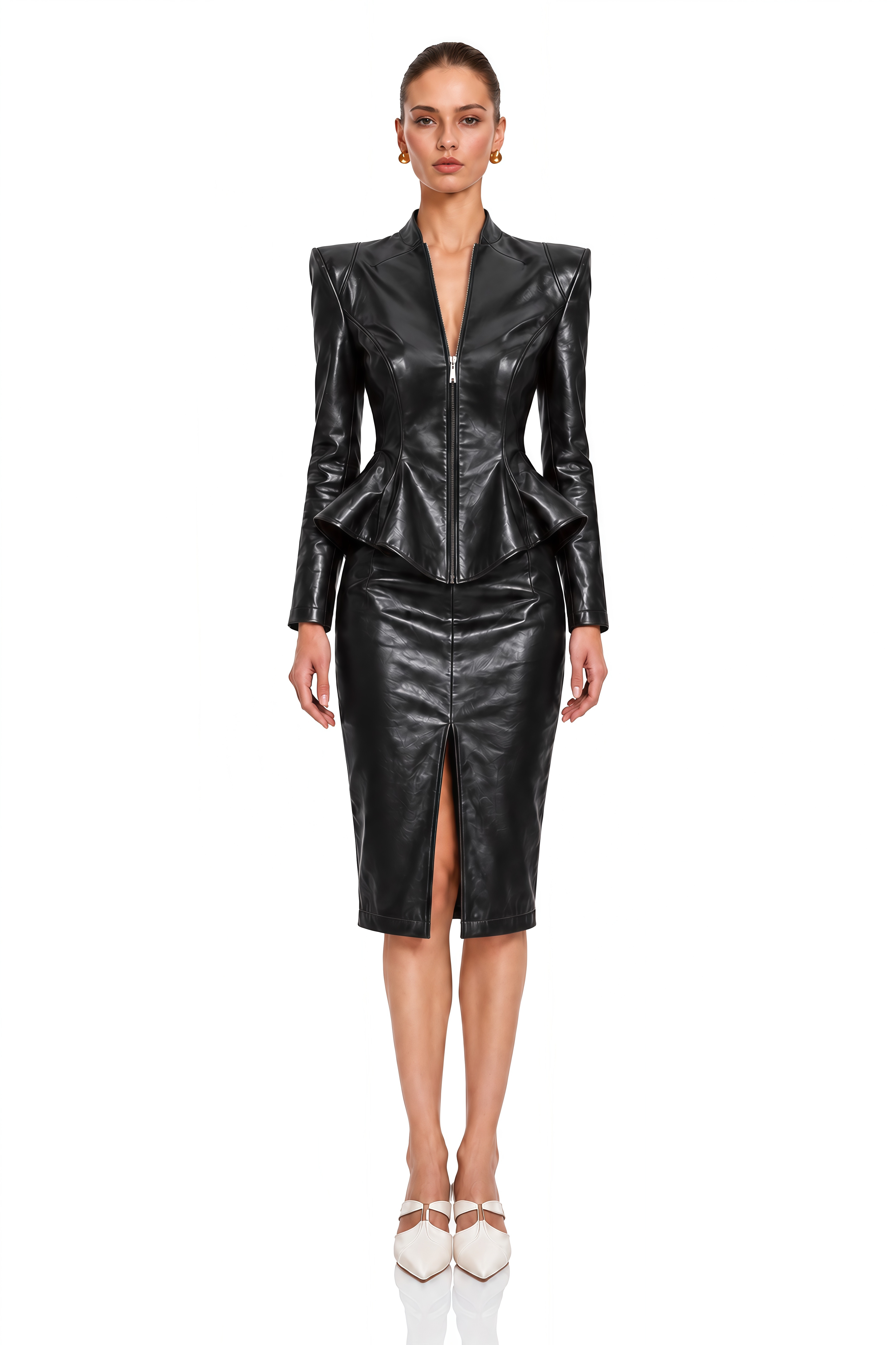 Zoya Black Leather Peplum Jacket & Midi Skirt Set