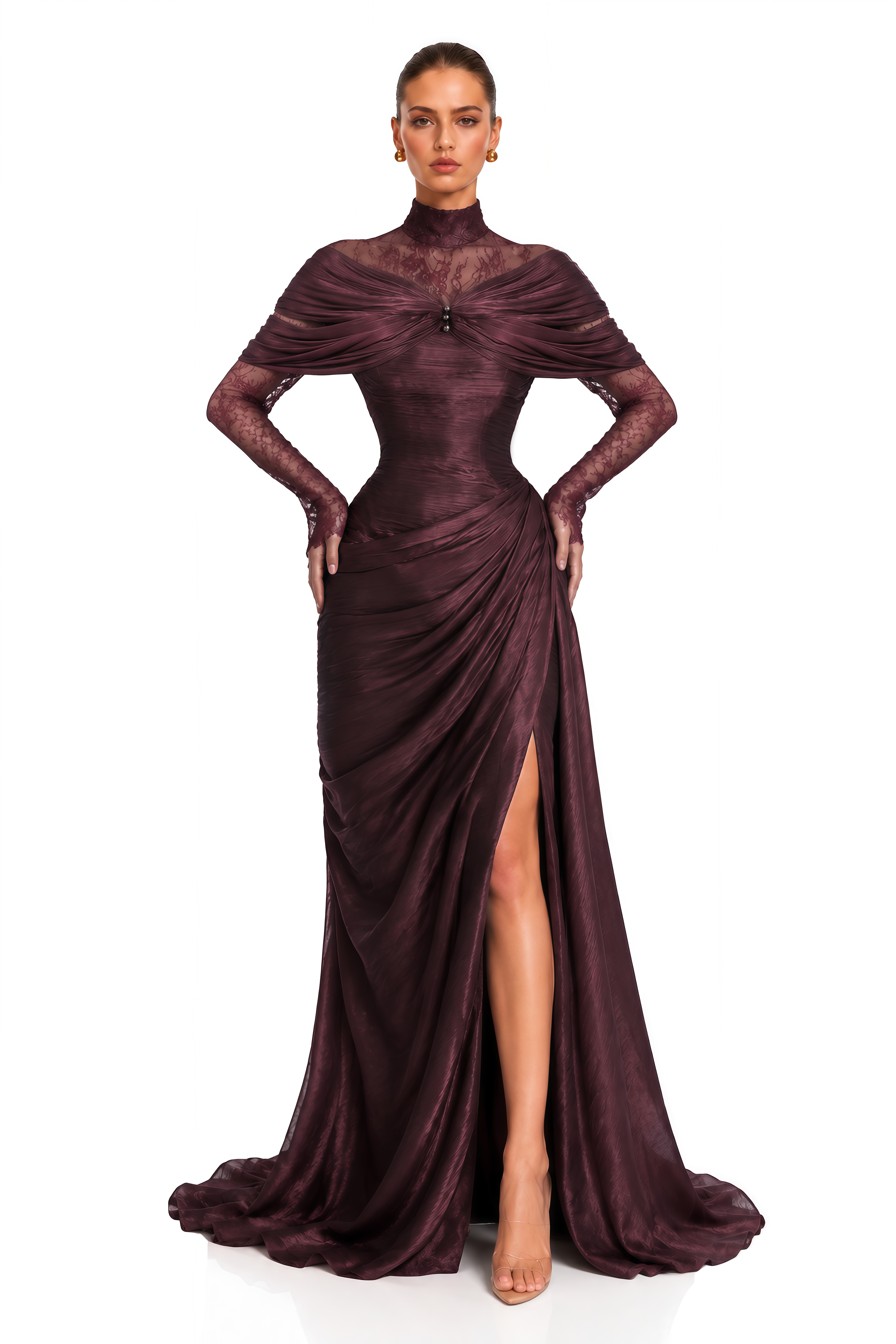 Zulaikha Burgundy Lace Off Shoulder Ruched Maxi Dress