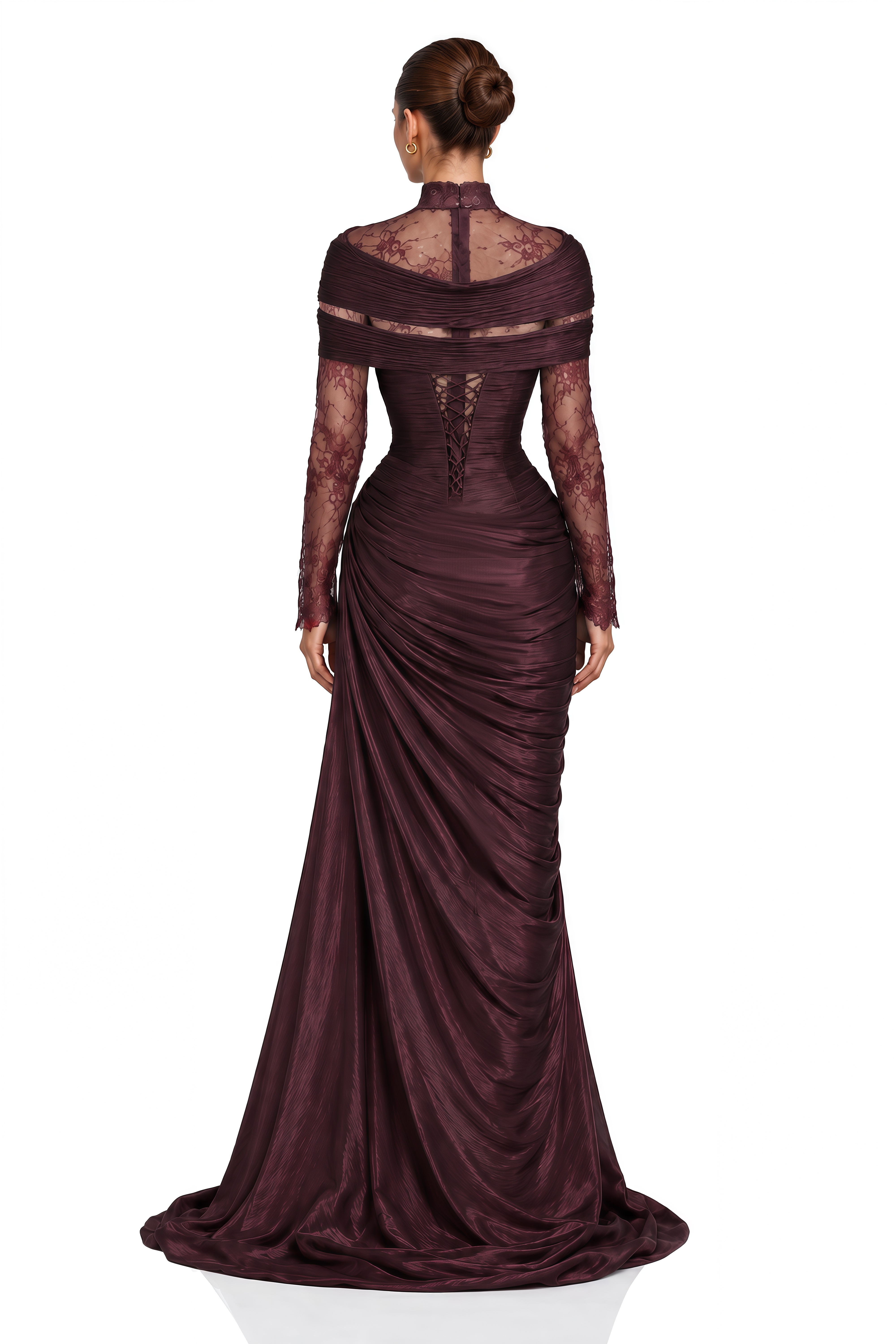 Zulaikha Burgundy Lace Off Shoulder Ruched Maxi Dress
