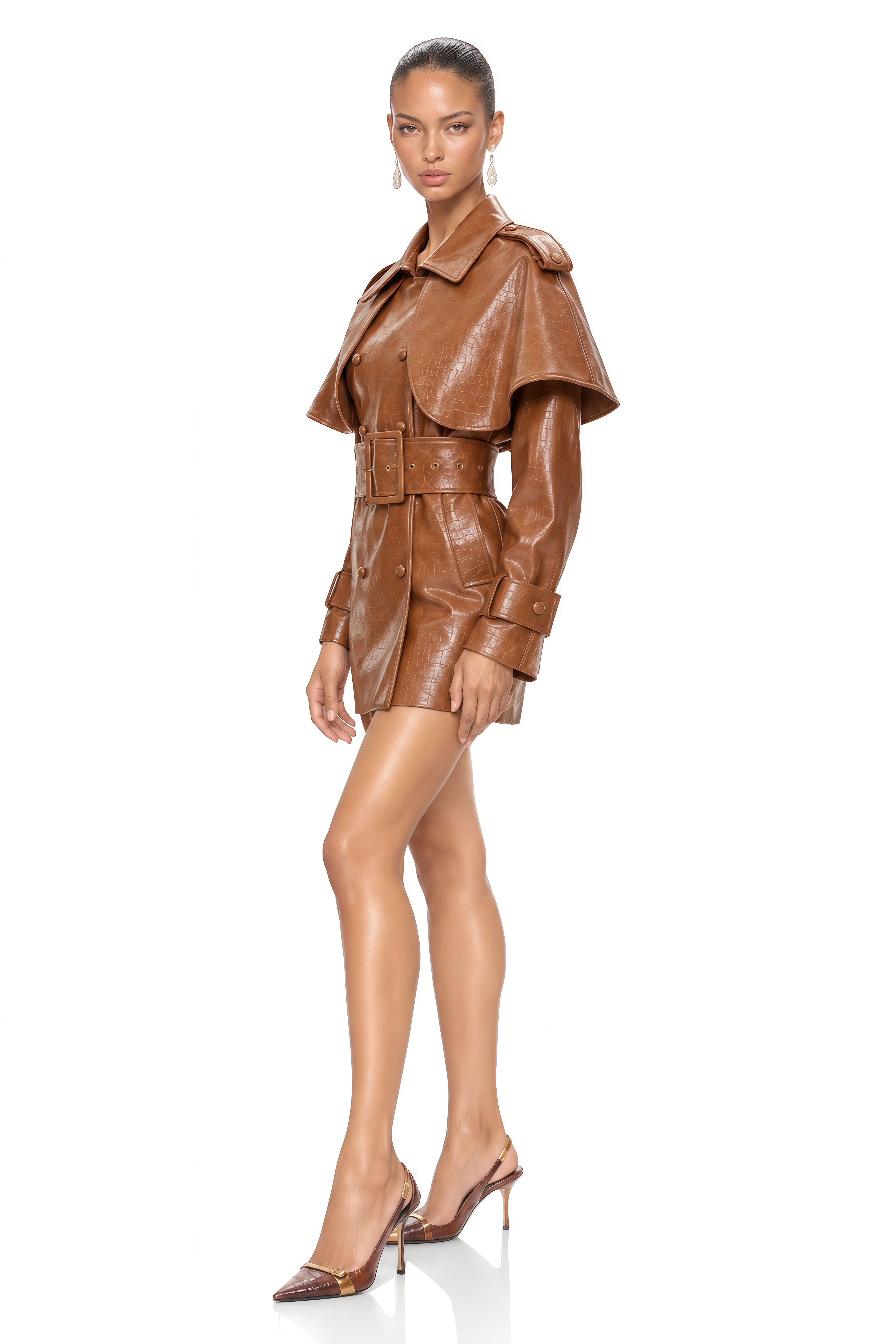 Lisette Caramel Textured Leather Trench Coat