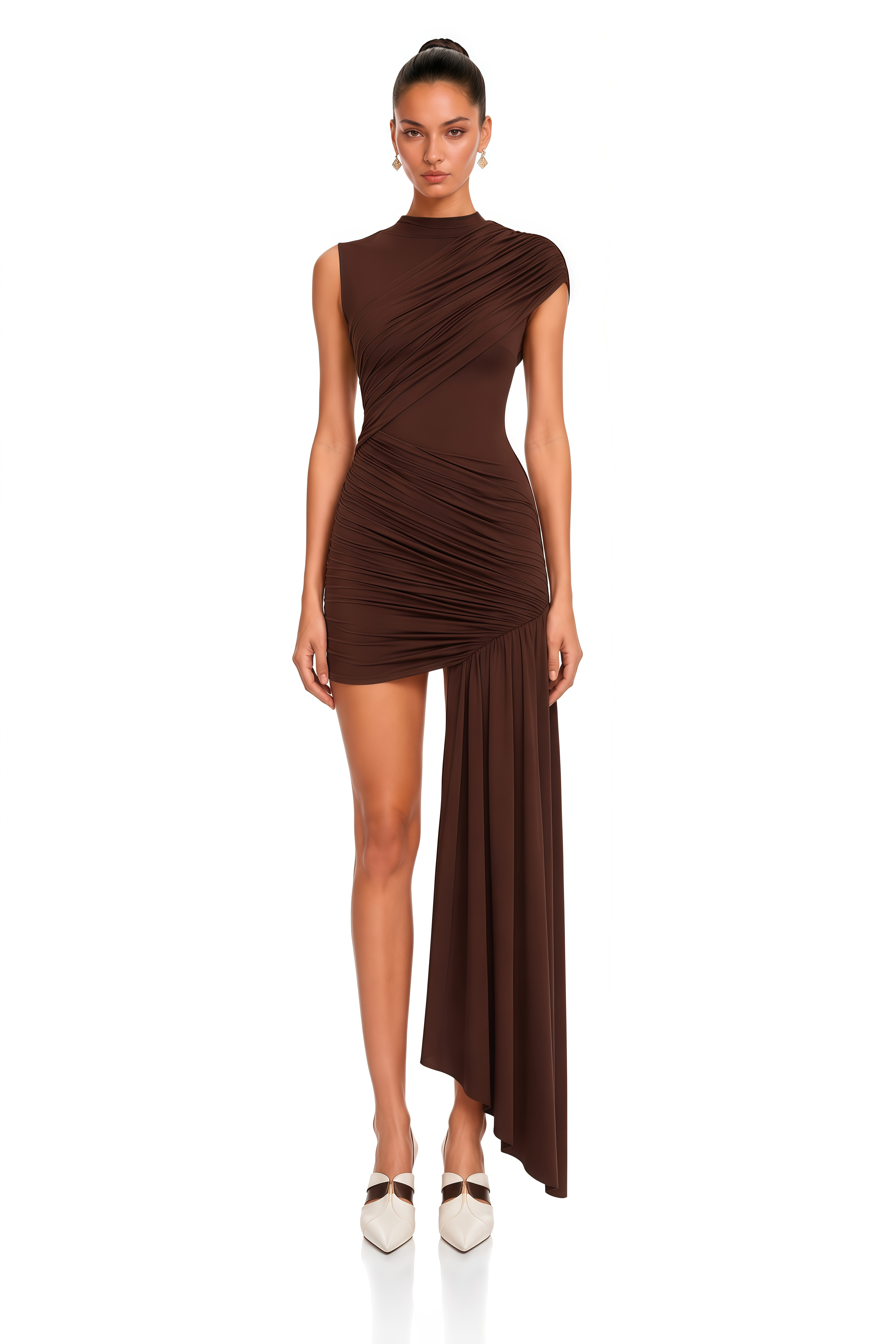 Fée Brown Asymmetrical Ruched Mini Dress