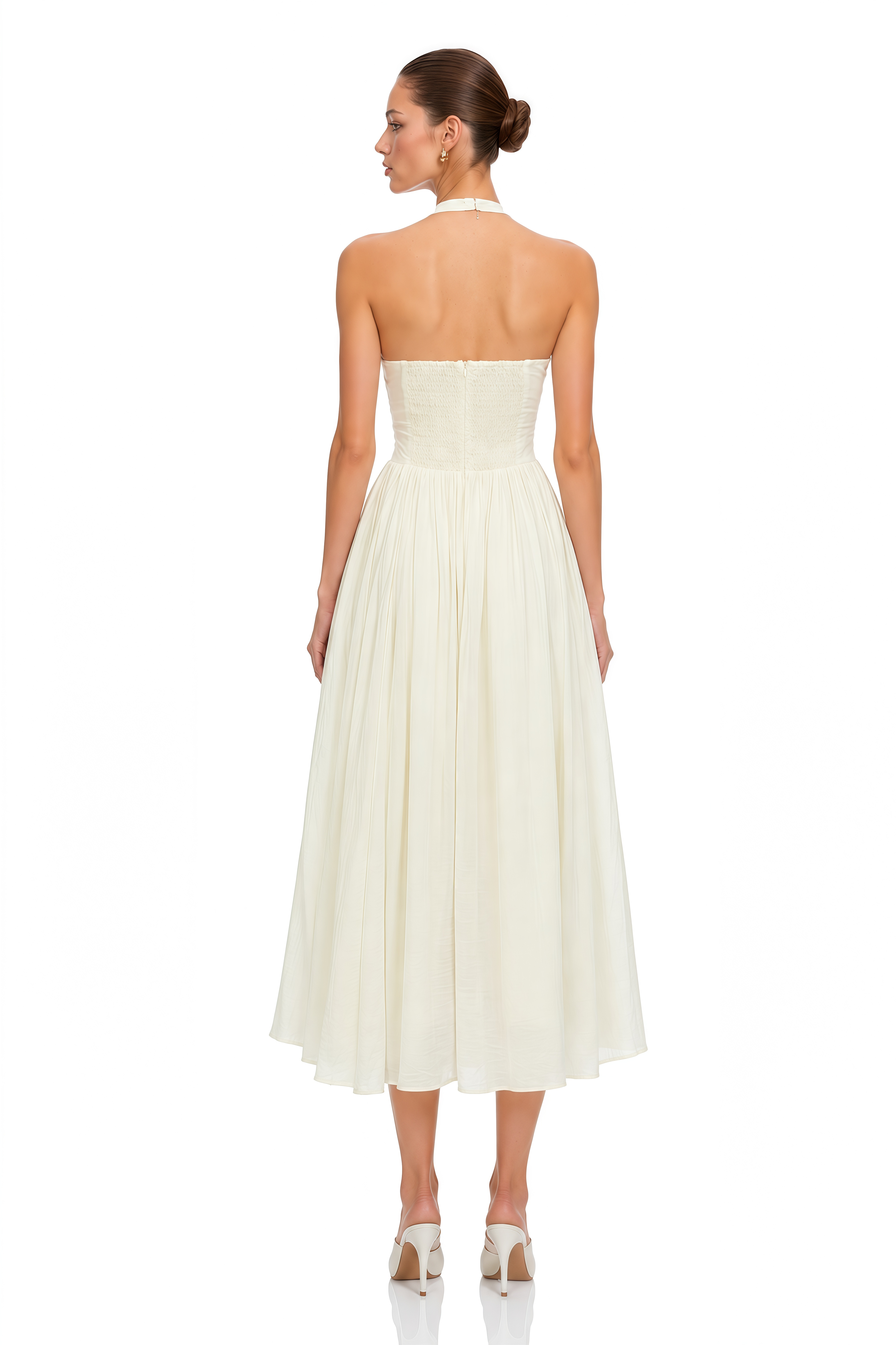 Hinewai Cream Halterneck Ruched Midi Dress