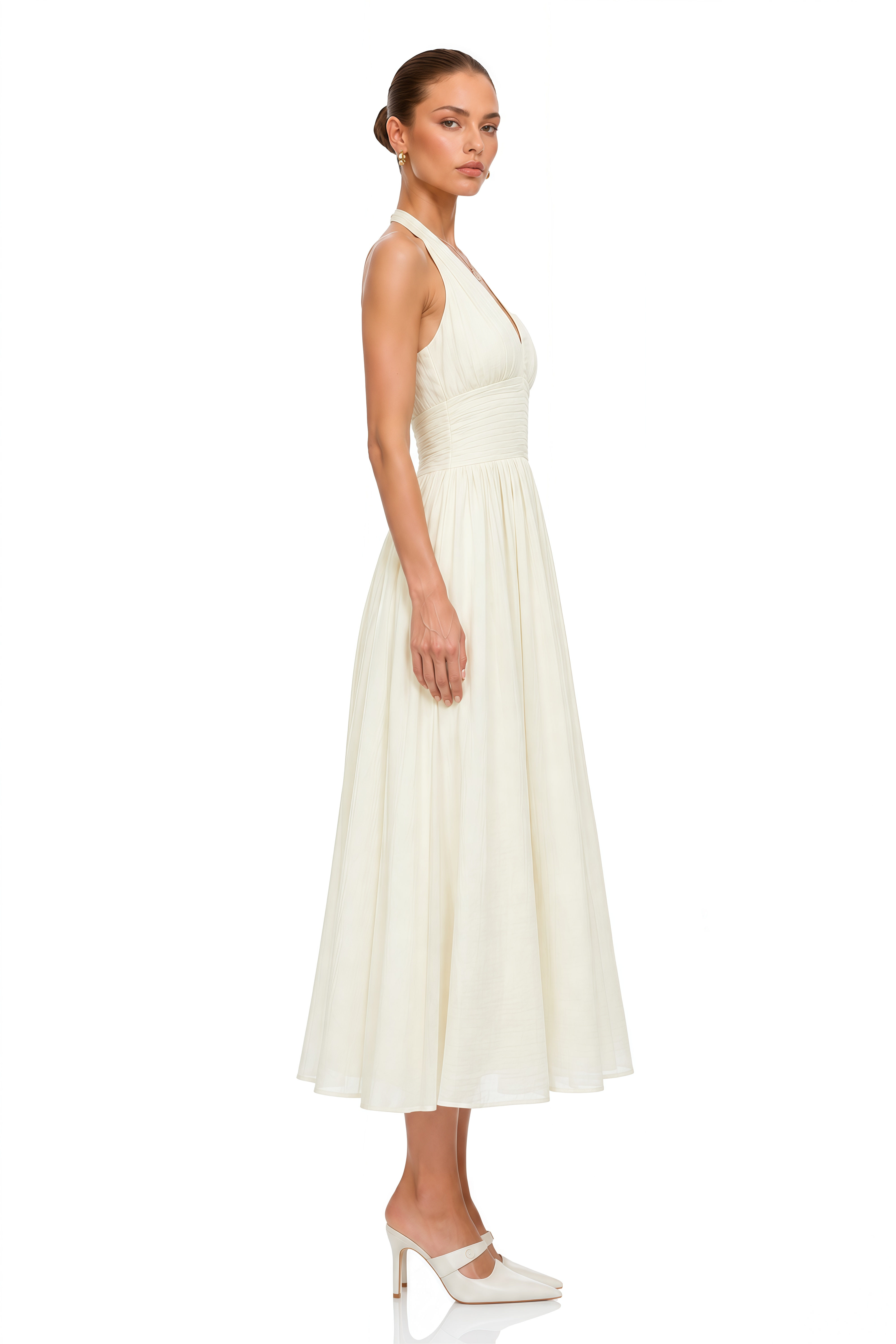 Hinewai Cream Halterneck Ruched Midi Dress