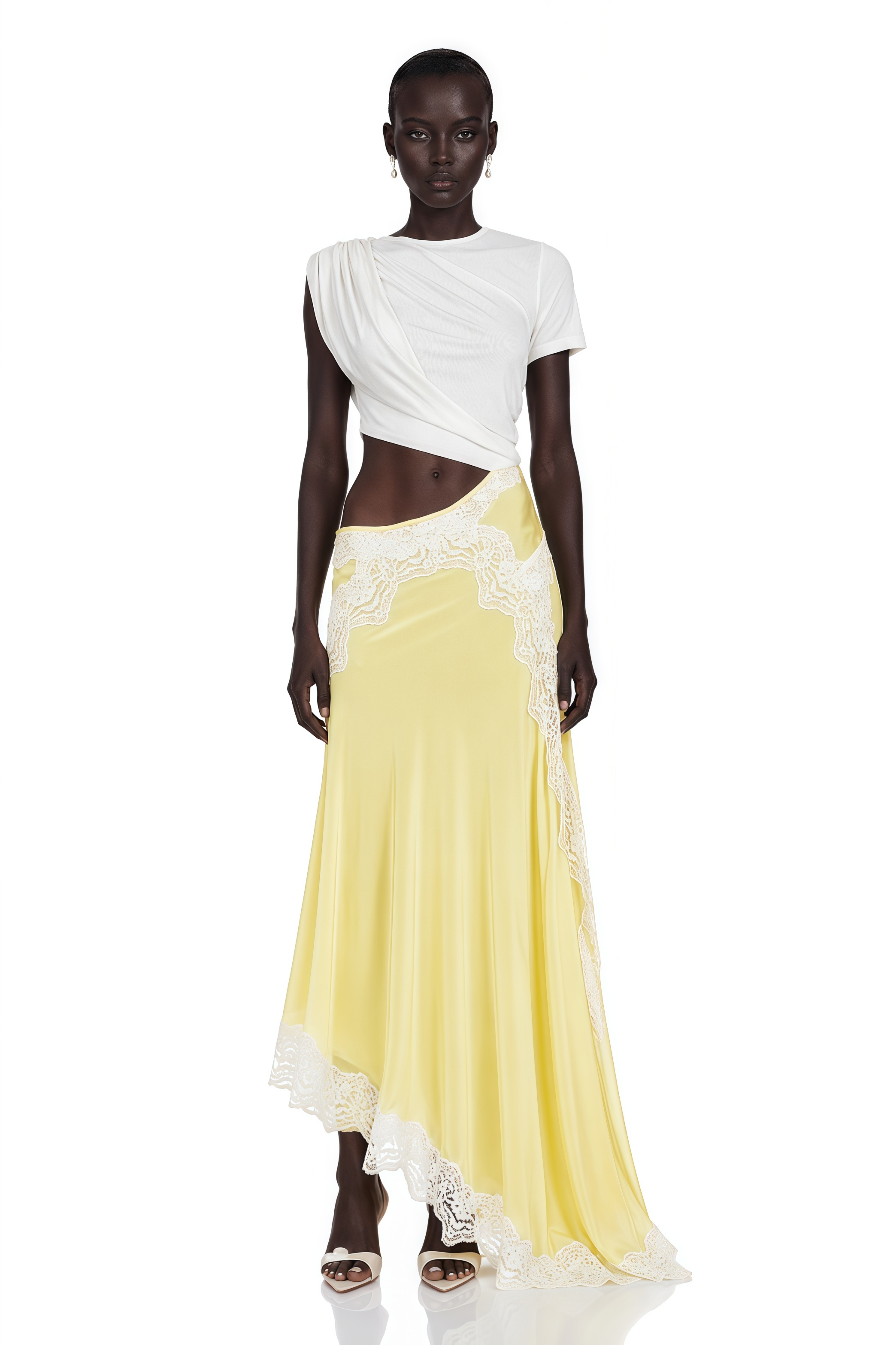 Fiamma Yellow Gathered Lace Panel Maxi Dress