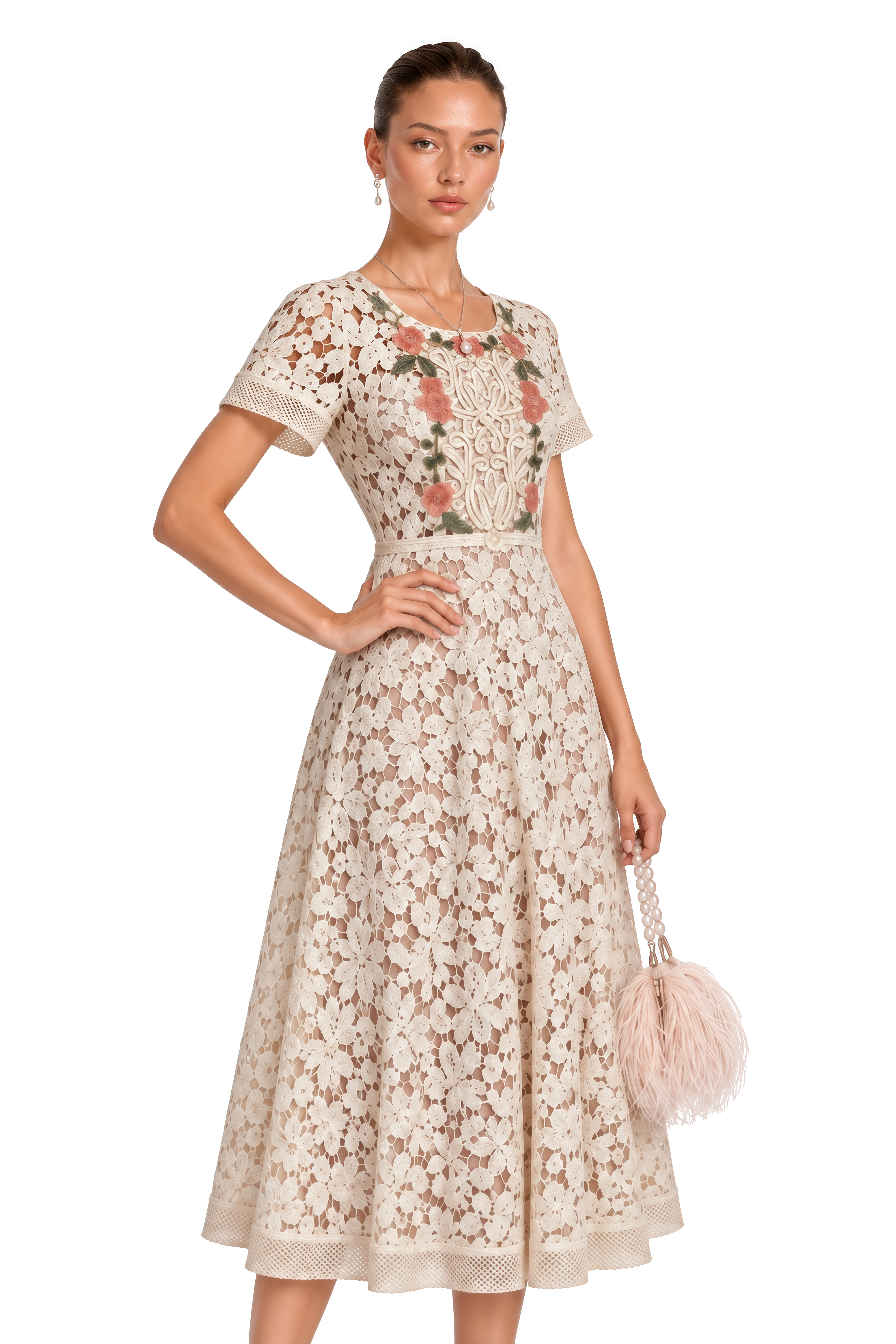 Araminta White Floral Embroidered Lace Midi Dress