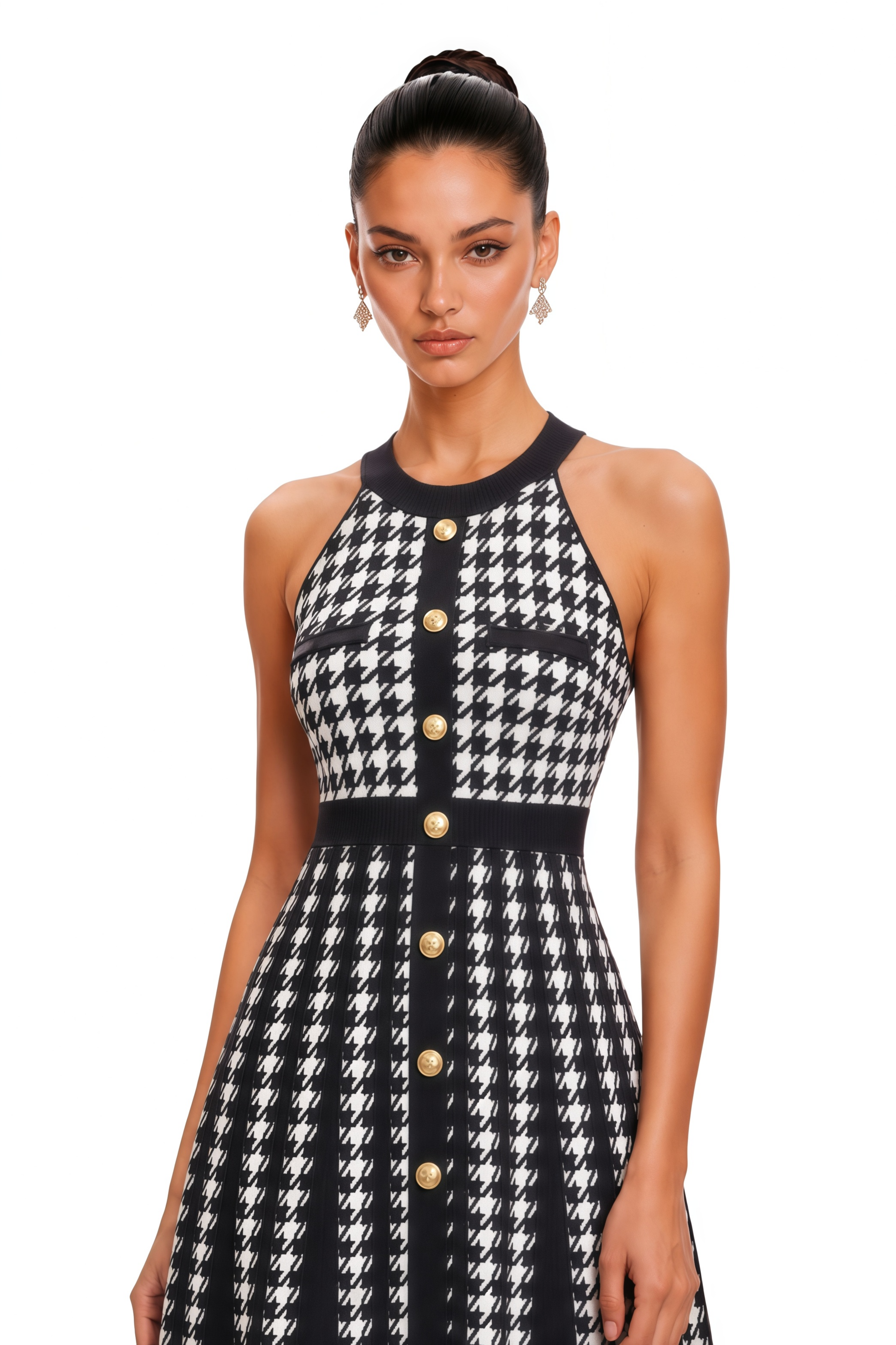 Jacqueline Black Houndstooth Crochet Knit Mini Dress