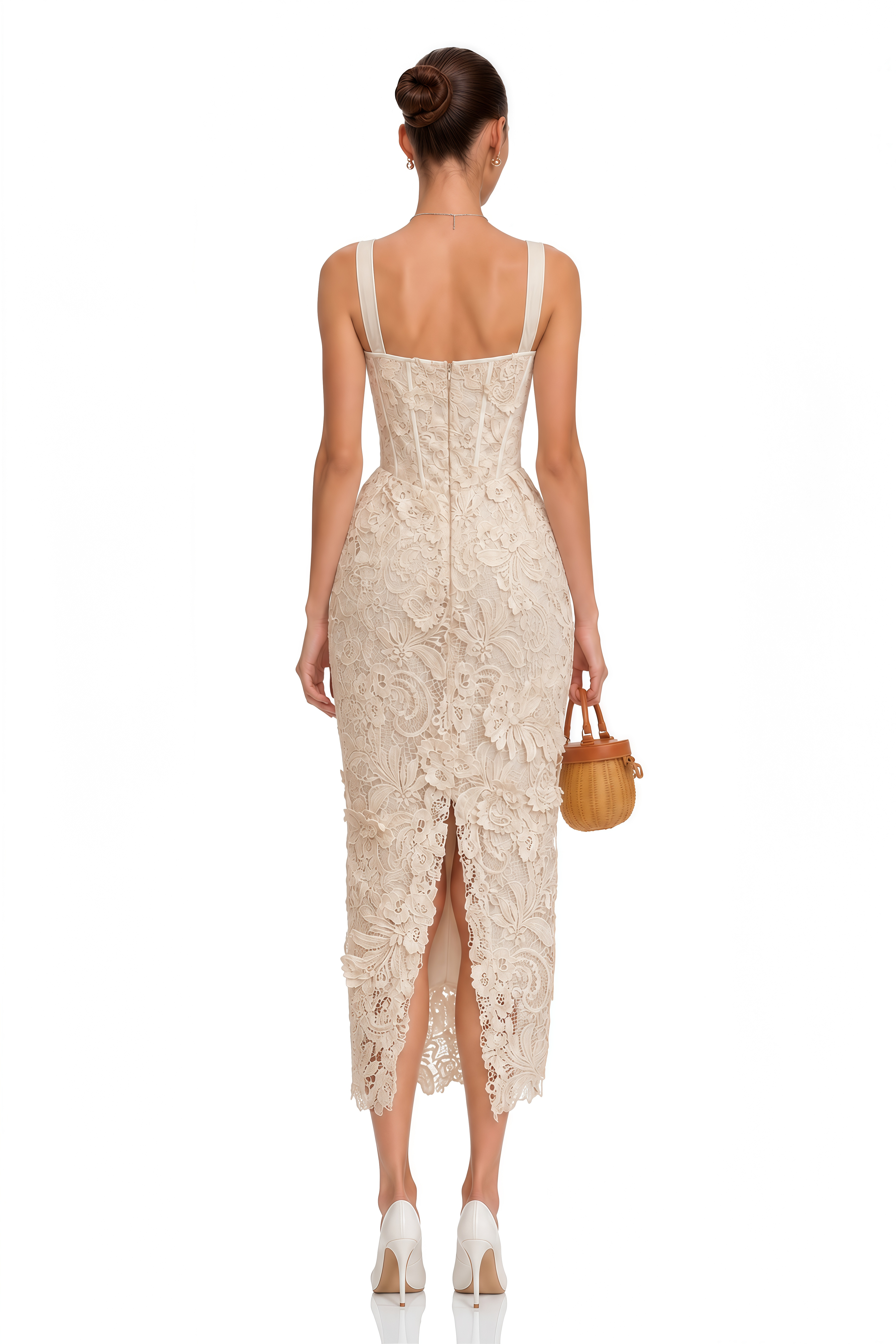 Irene Neutrals Corded Lace Corset Midi Dress