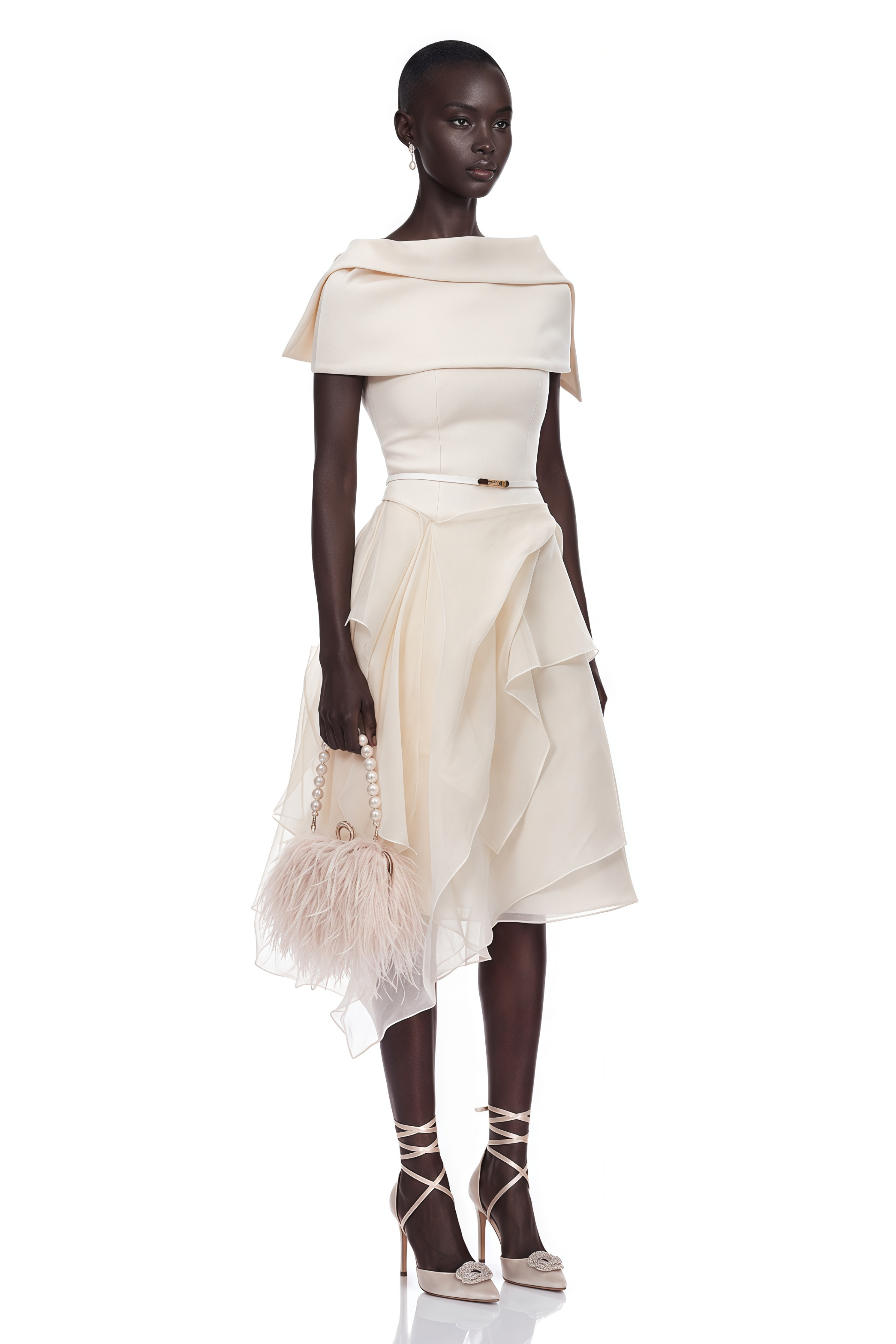 Aria White Asymmetrical Shawl & Tulle Panel Dress Set