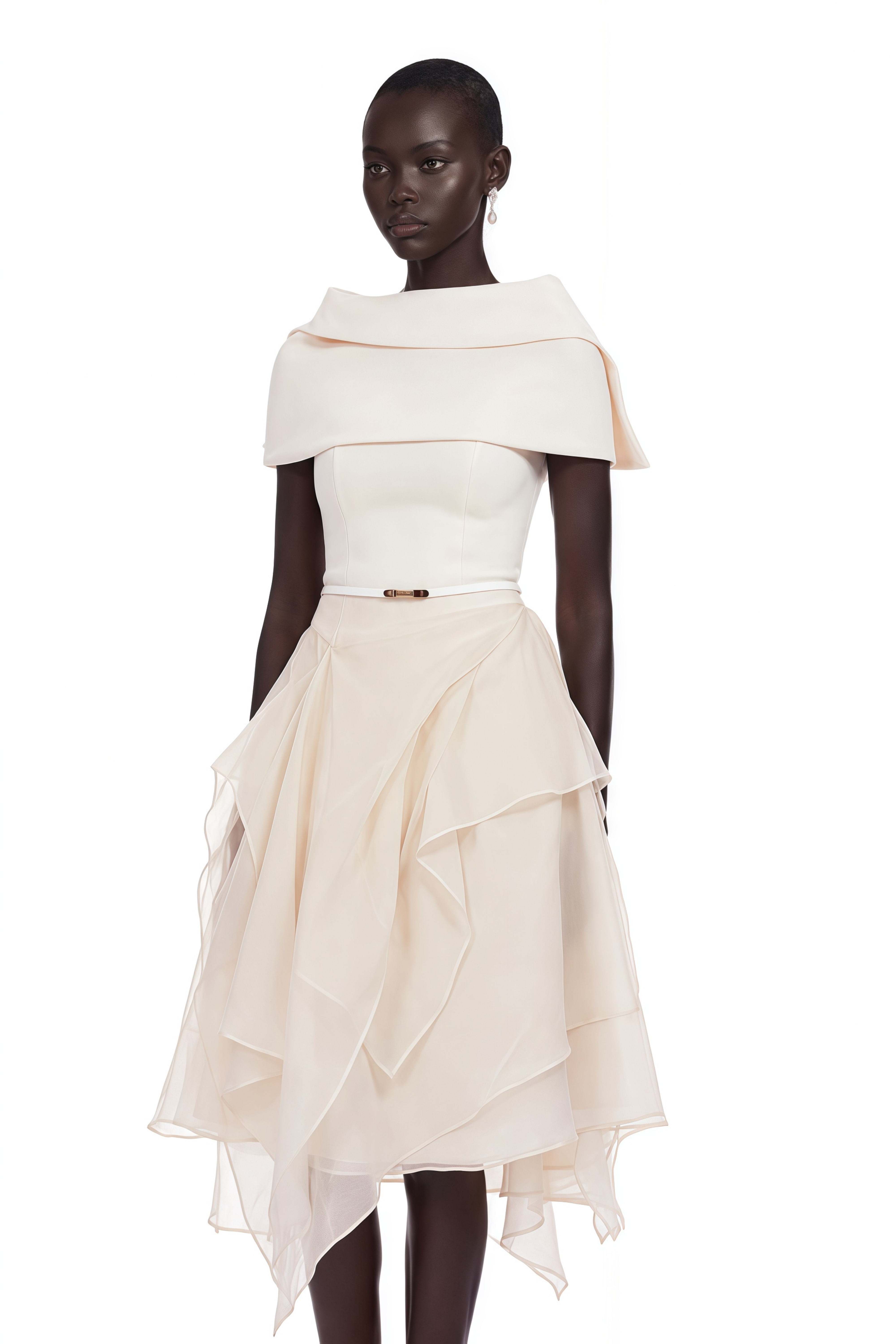 Aria White Asymmetrical Shawl & Tulle Panel Dress Set