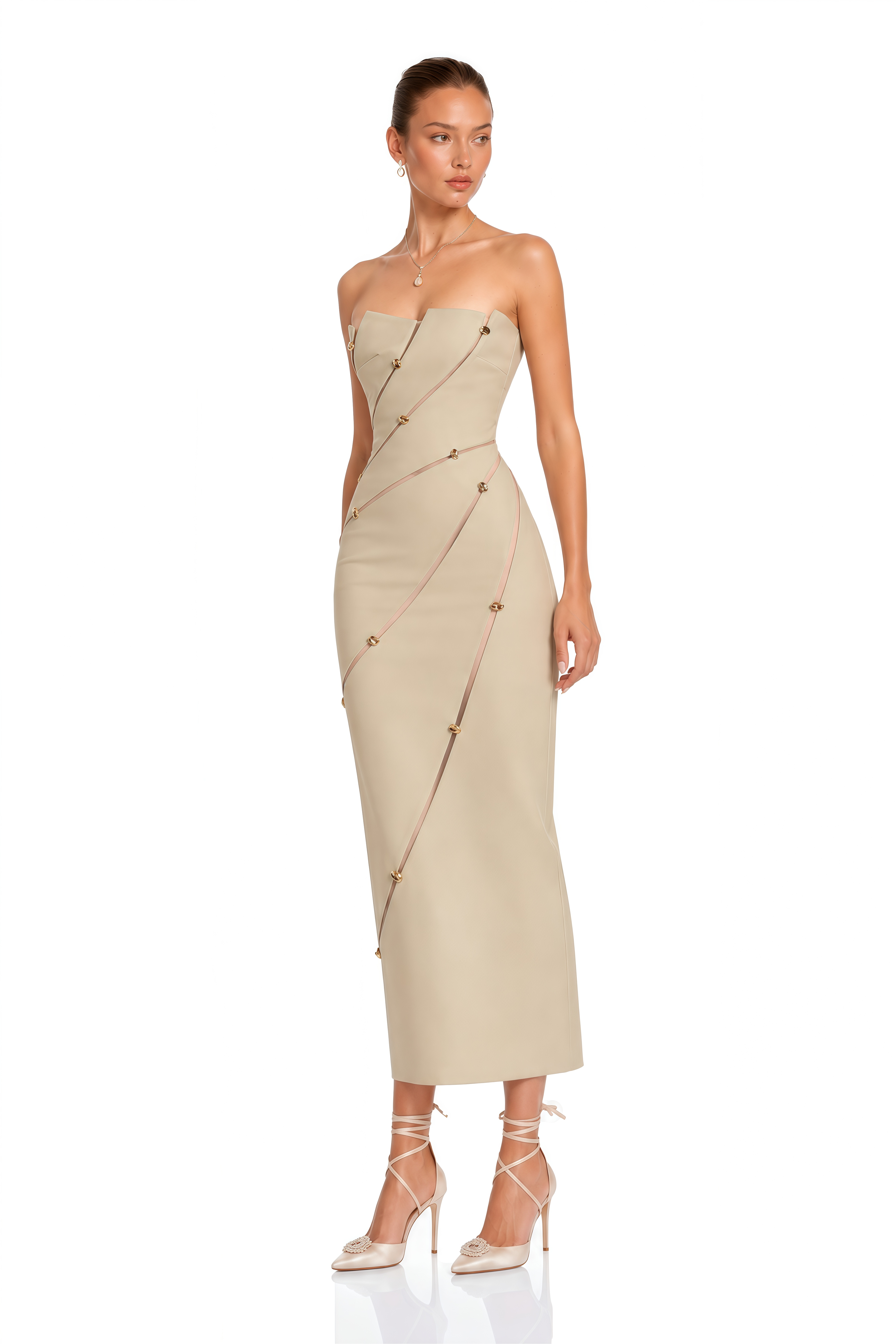 Rowena Khaki Asymmetrical Off Shoulder Midi Dress