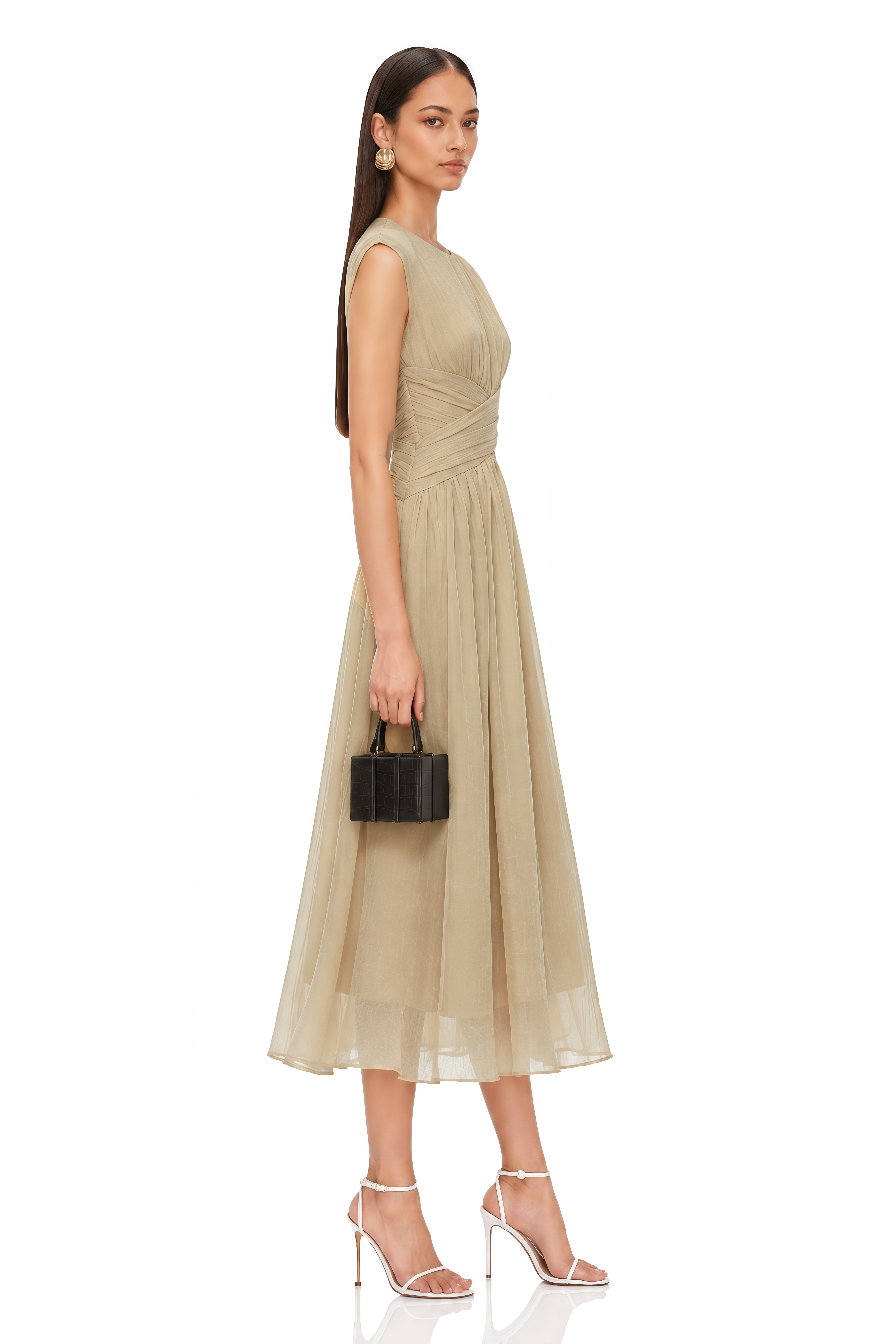 Ihaia Neutral Cross Front Ruched Midi Dress