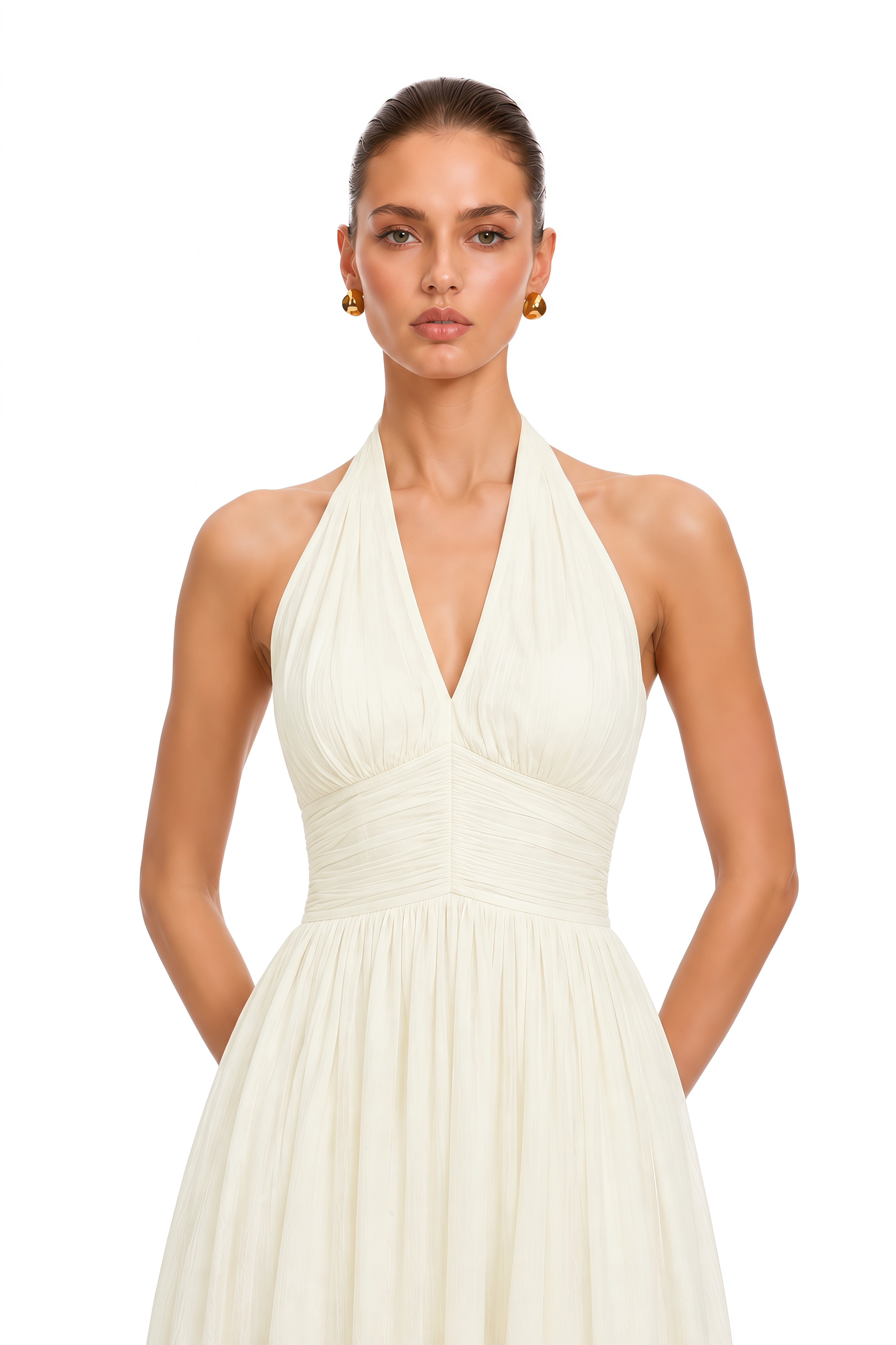 Hinewai Cream Halterneck Ruched Midi Dress