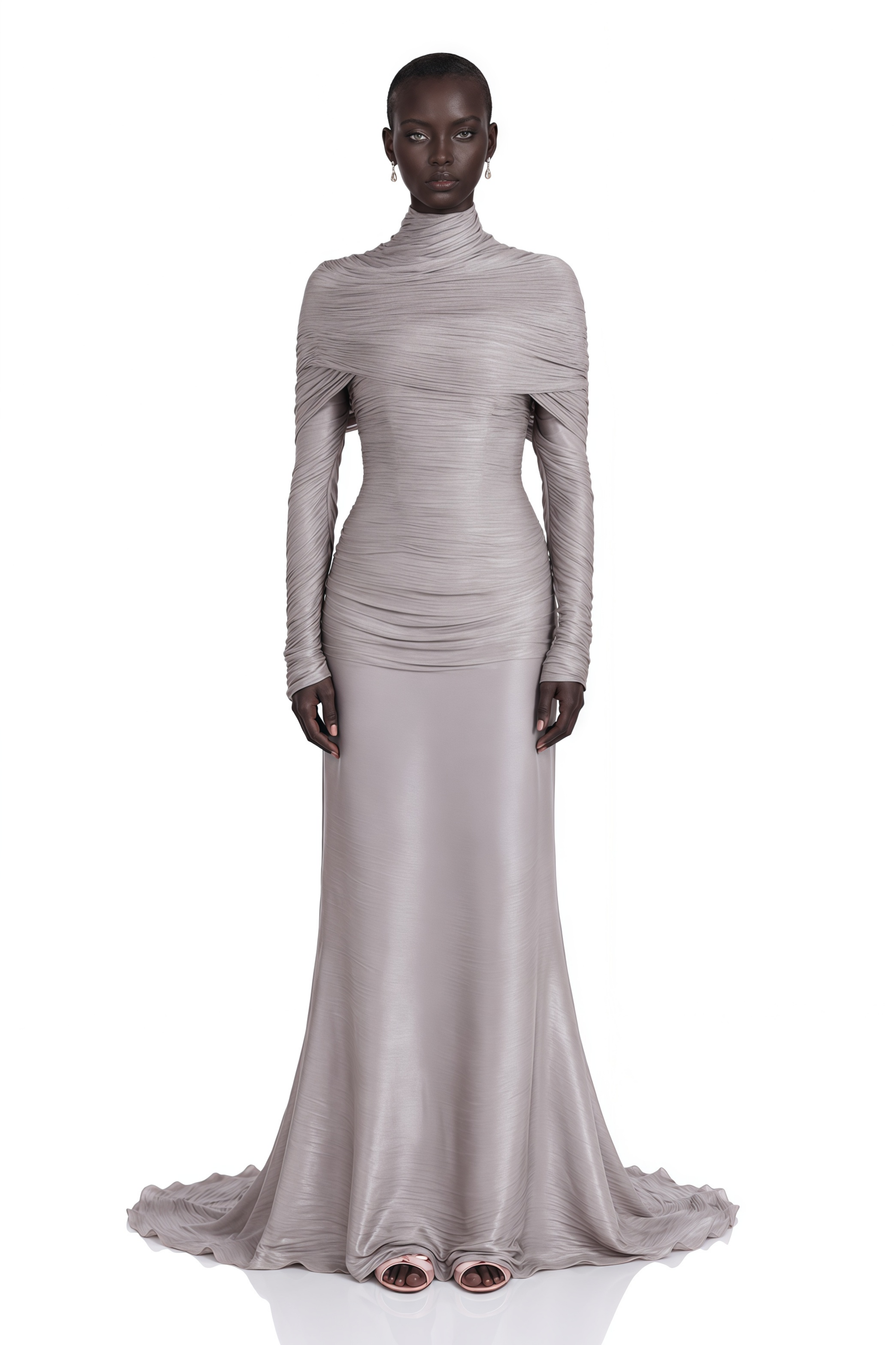 Nerida Silver Turtleneck Ruched Maxi Dress