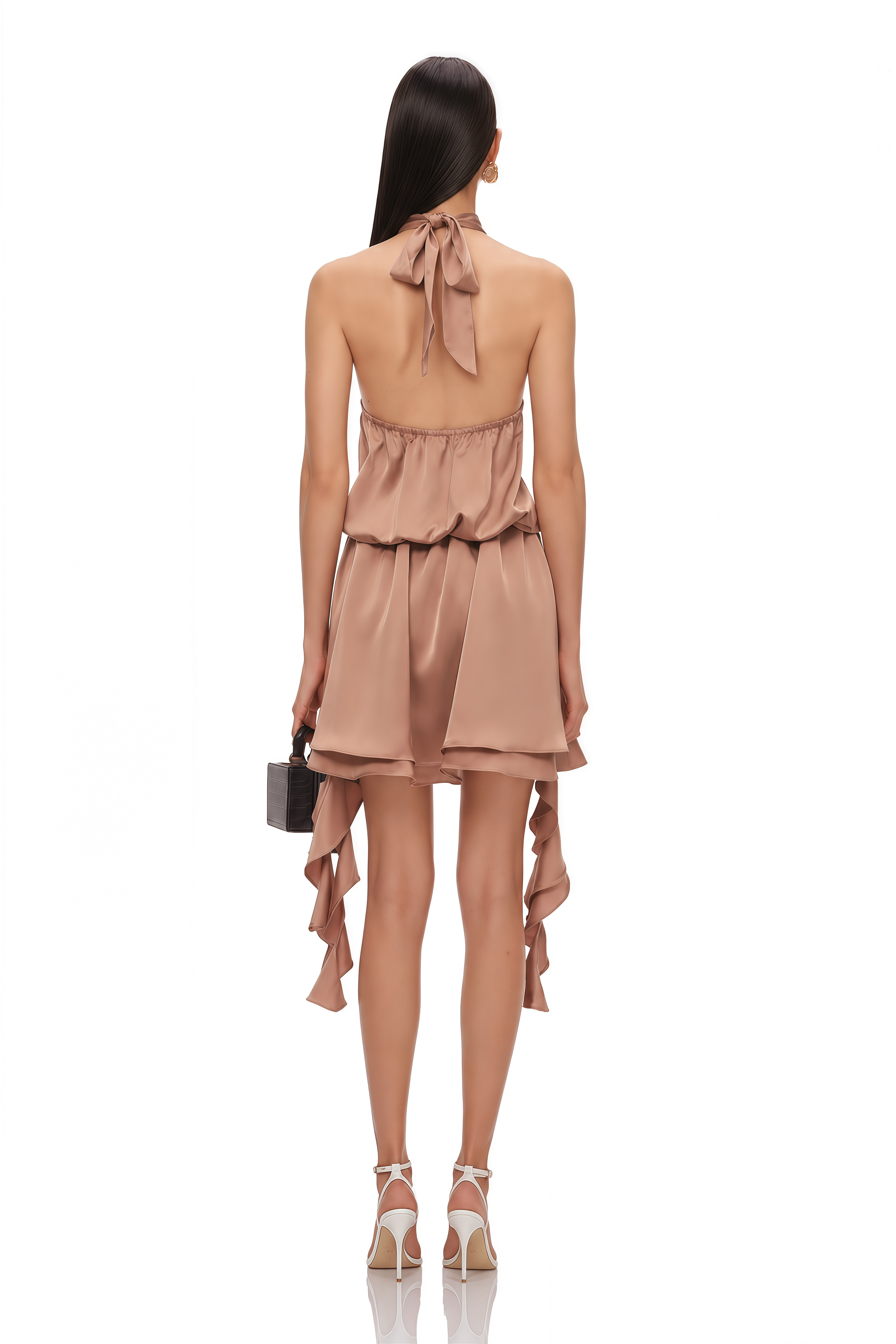 Solange Camel Halterneck Ruched Mini Dress with 3D Florals