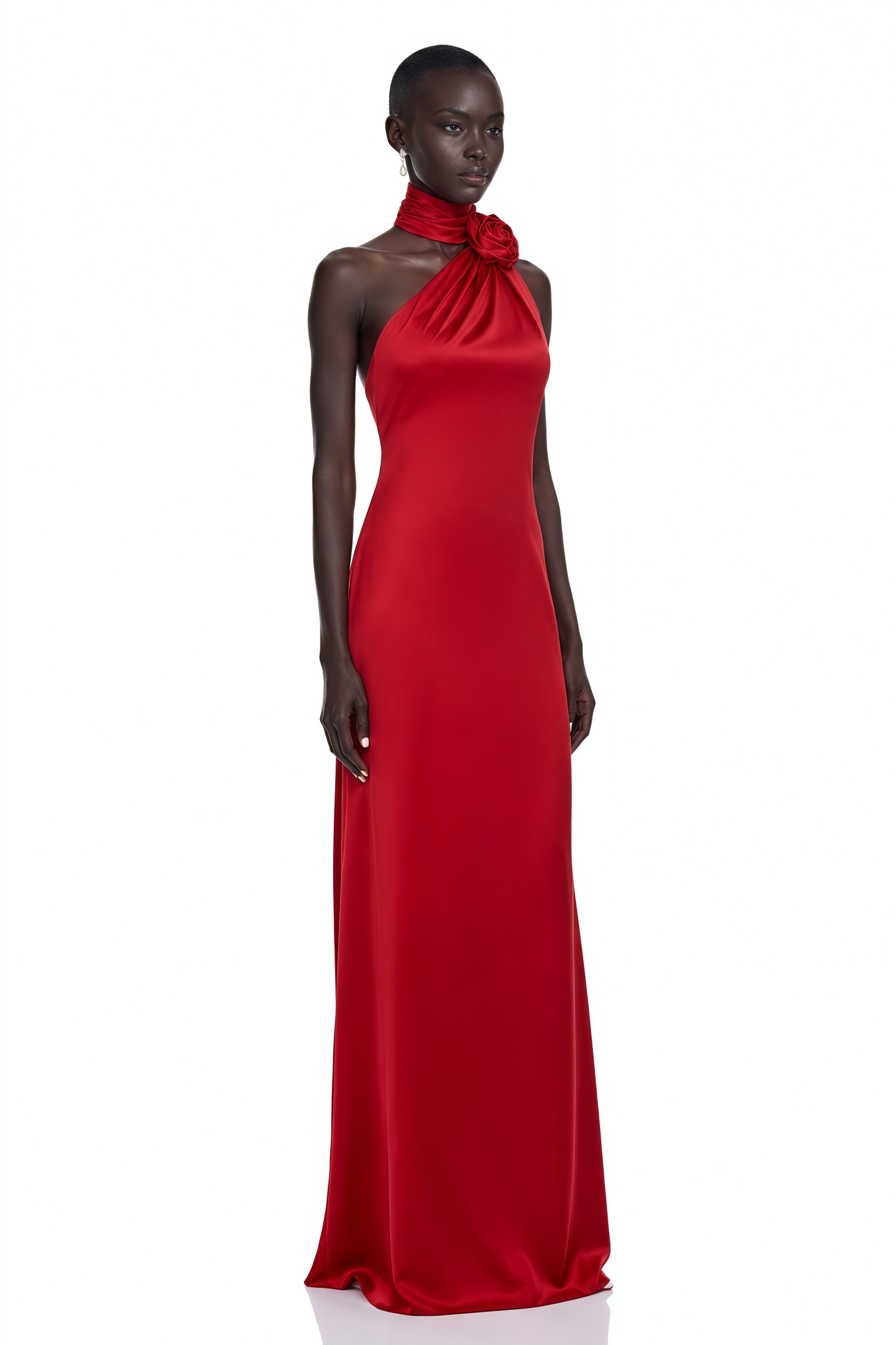 Frederica Red Halterneck 3D Petal Maxi Dress