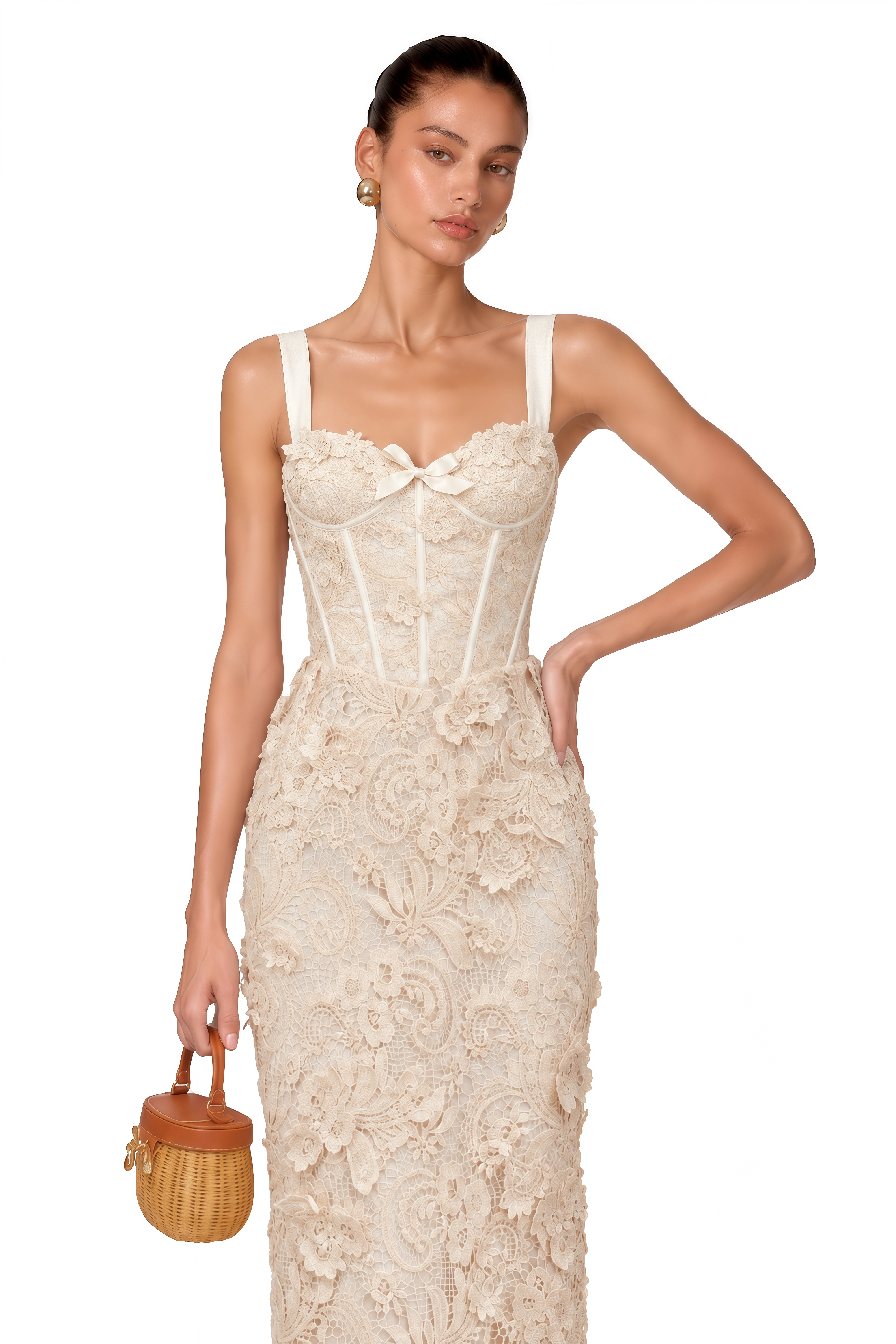 Irene Neutrals Corded Lace Corset Midi Dress