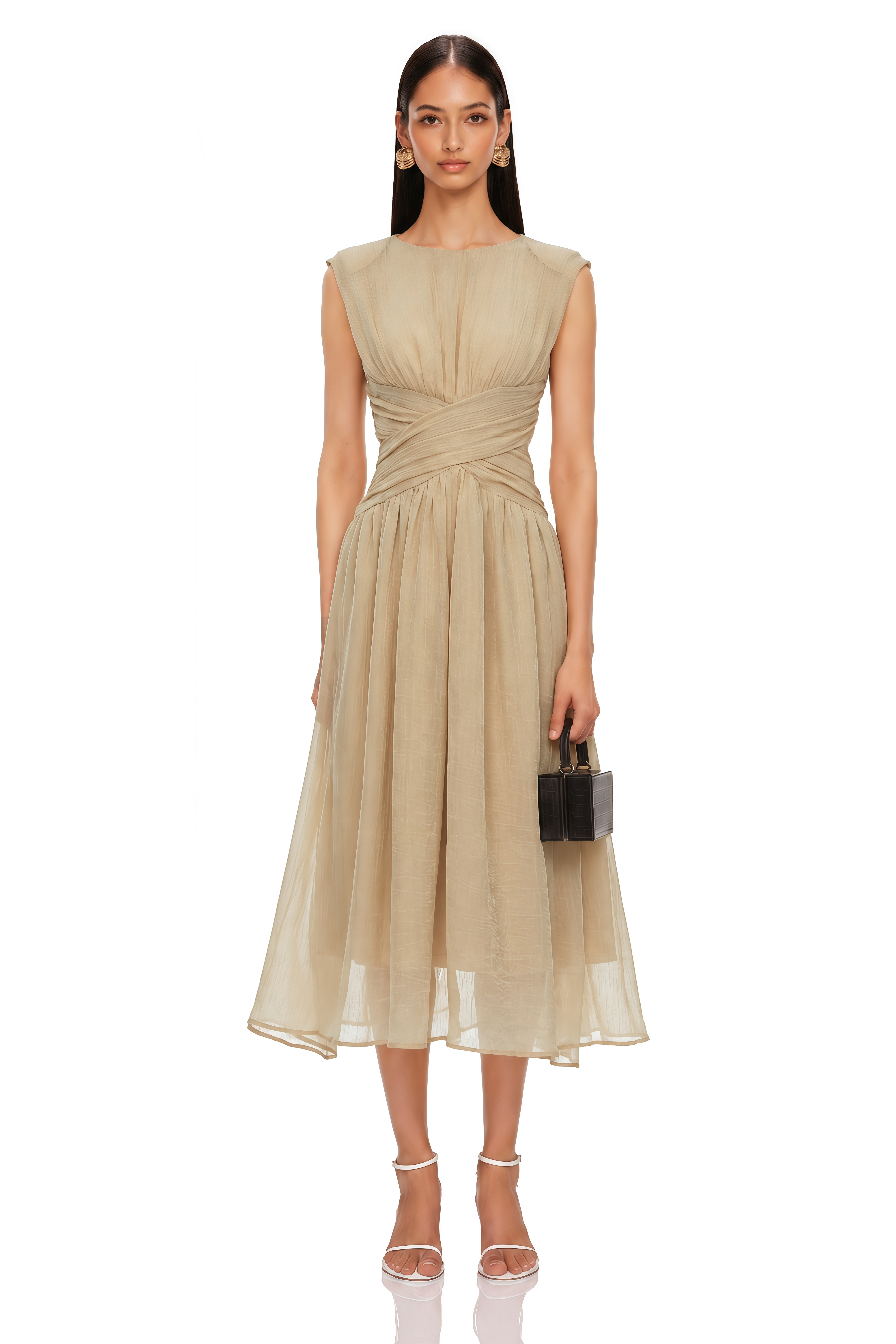 Ihaia Neutral Cross Front Ruched Midi Dress