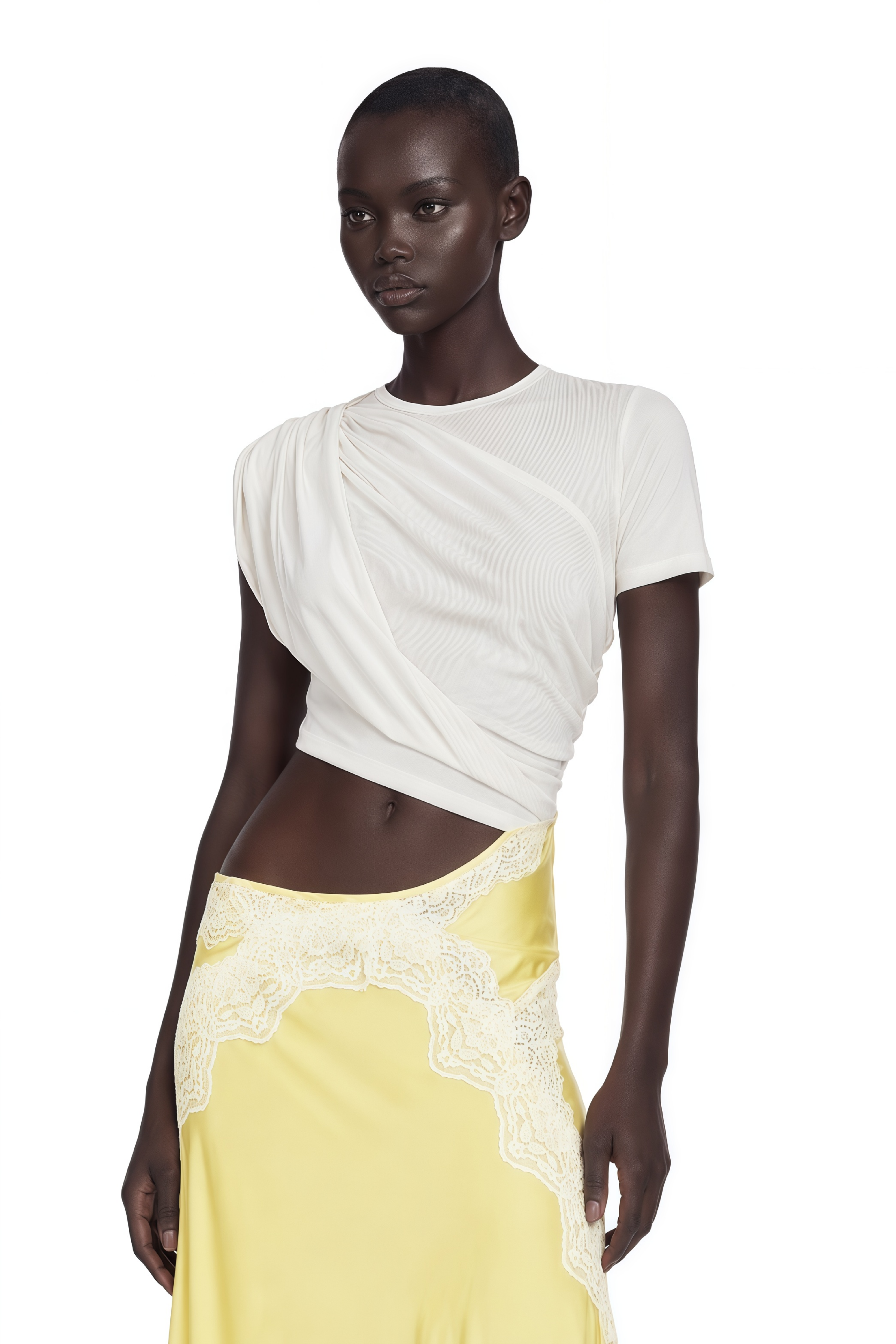 Fiamma Yellow Gathered Lace Panel Maxi Dress