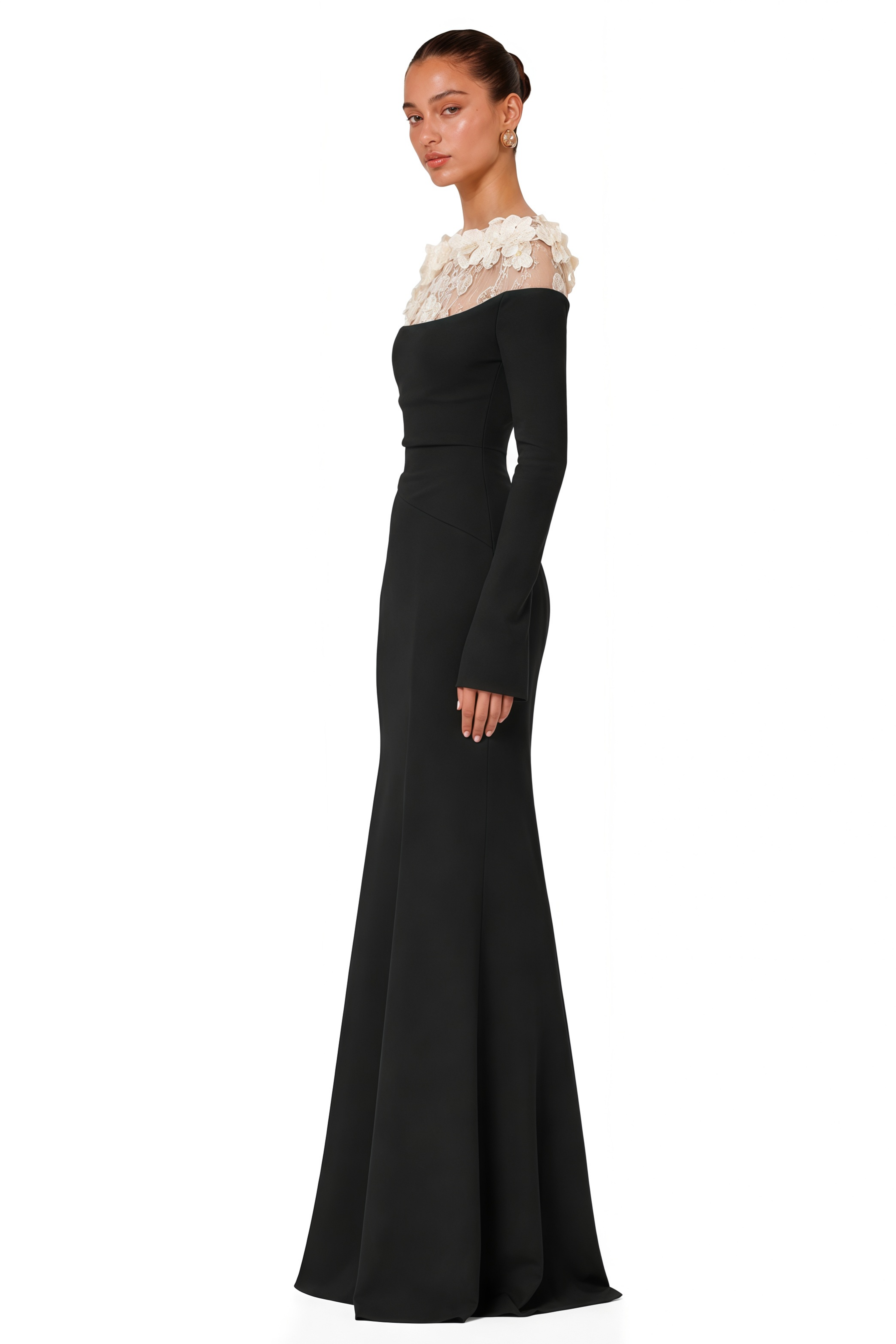 Silvia Black Floral Appliqué Off-Shoulder Gown