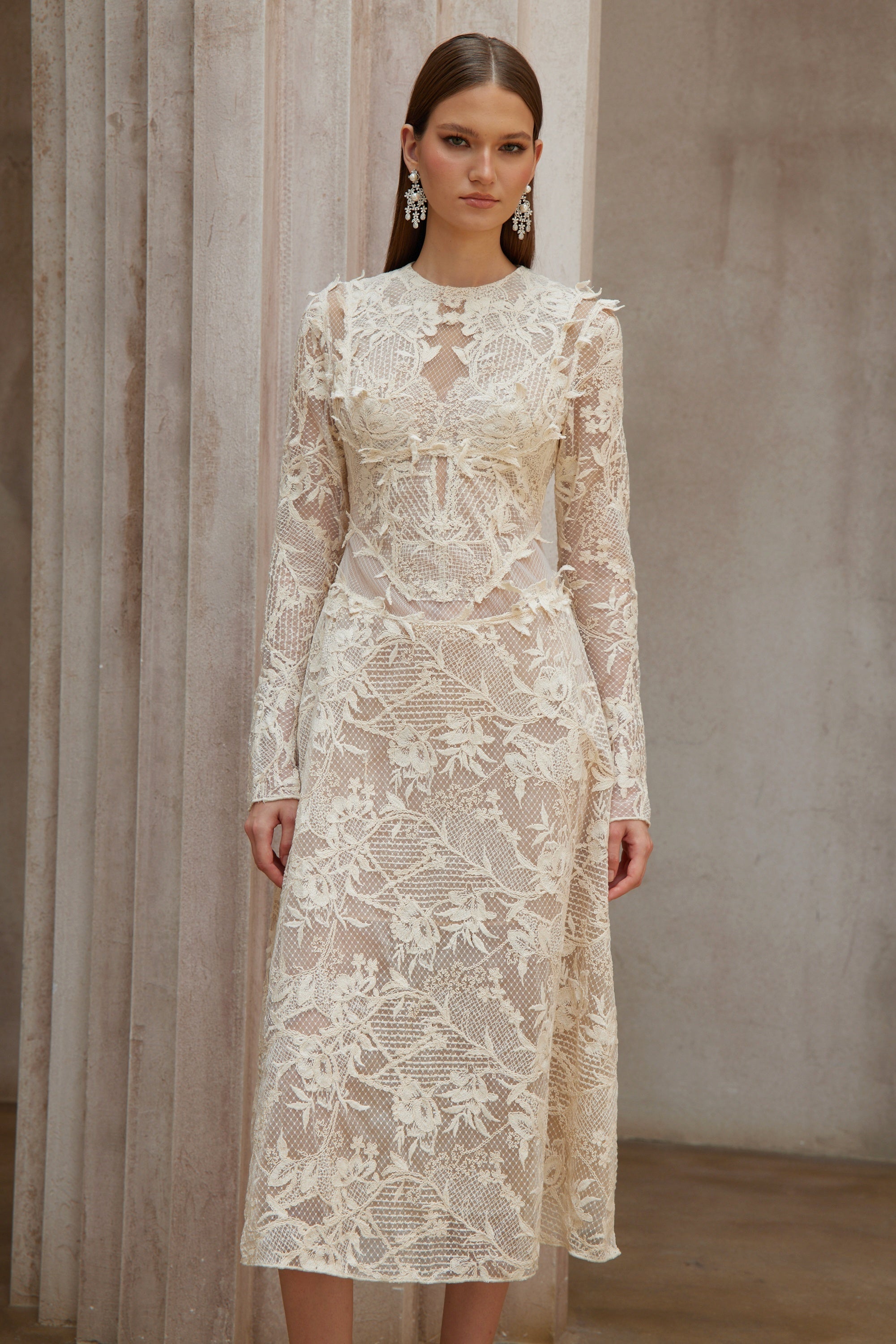 Amber White Long Sleeve Floral Lace Midi Dress