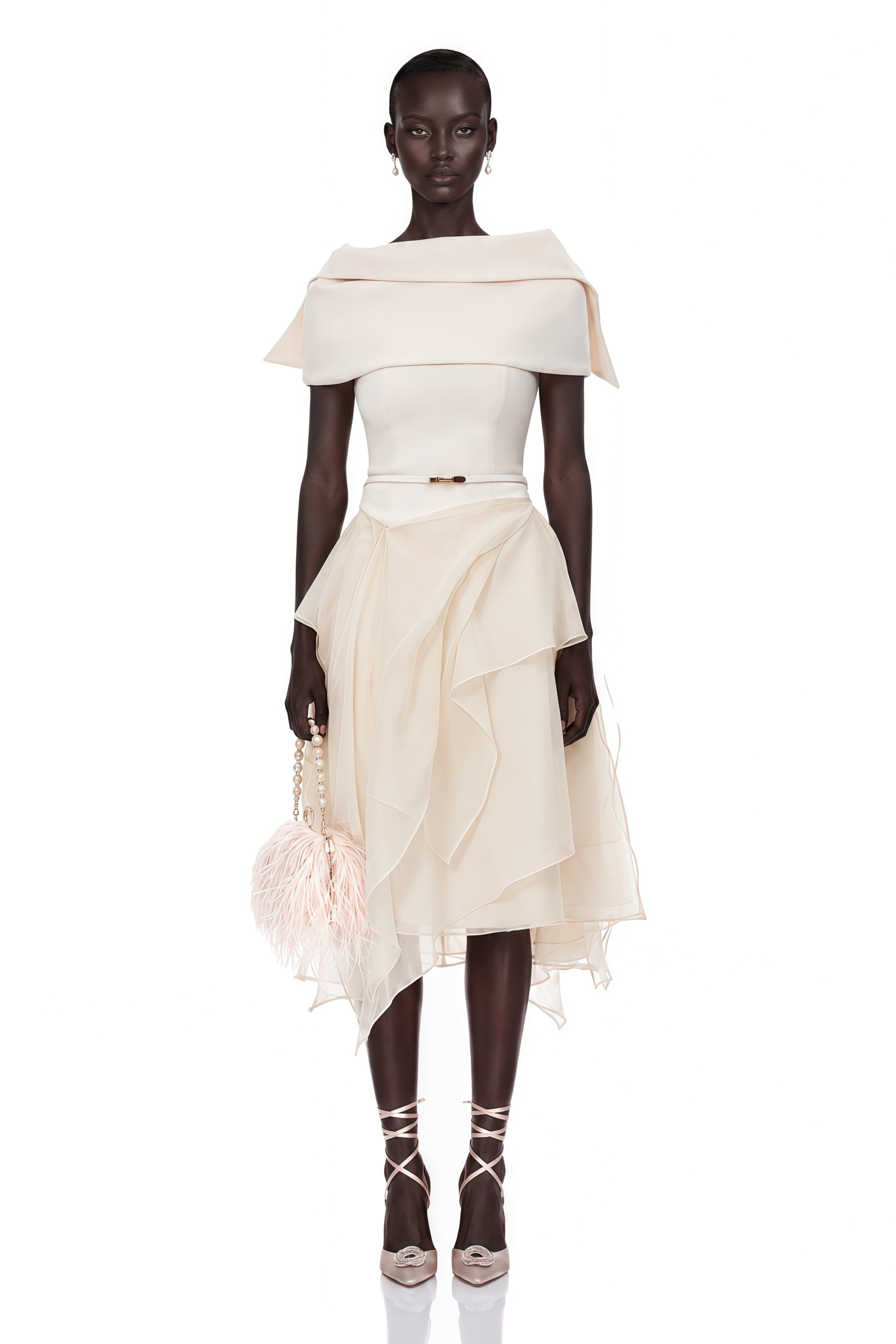 Aria White Asymmetrical Shawl & Tulle Panel Dress Set