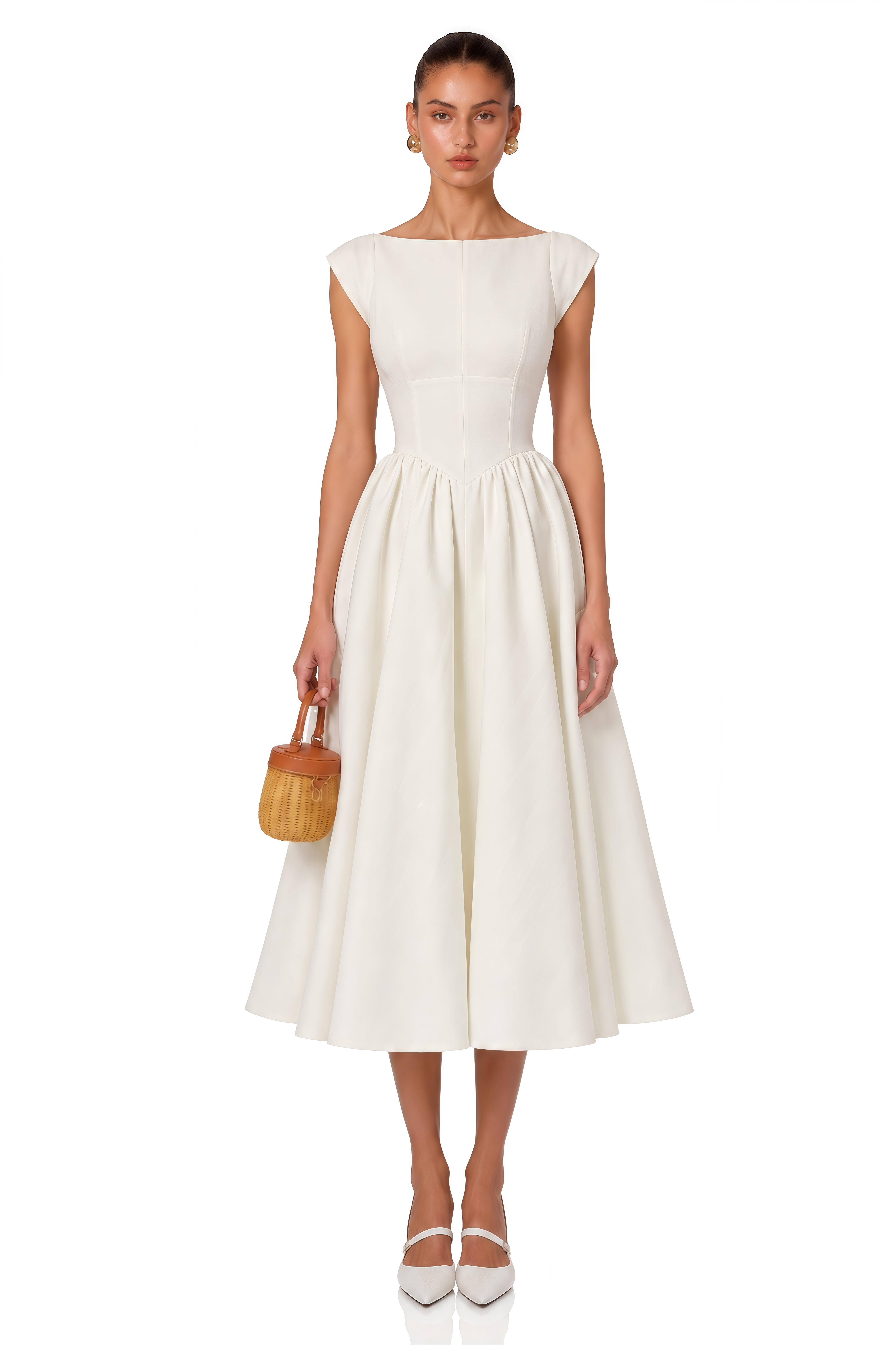 Amandine White Open-Back Cap-Sleeve Midi Dress