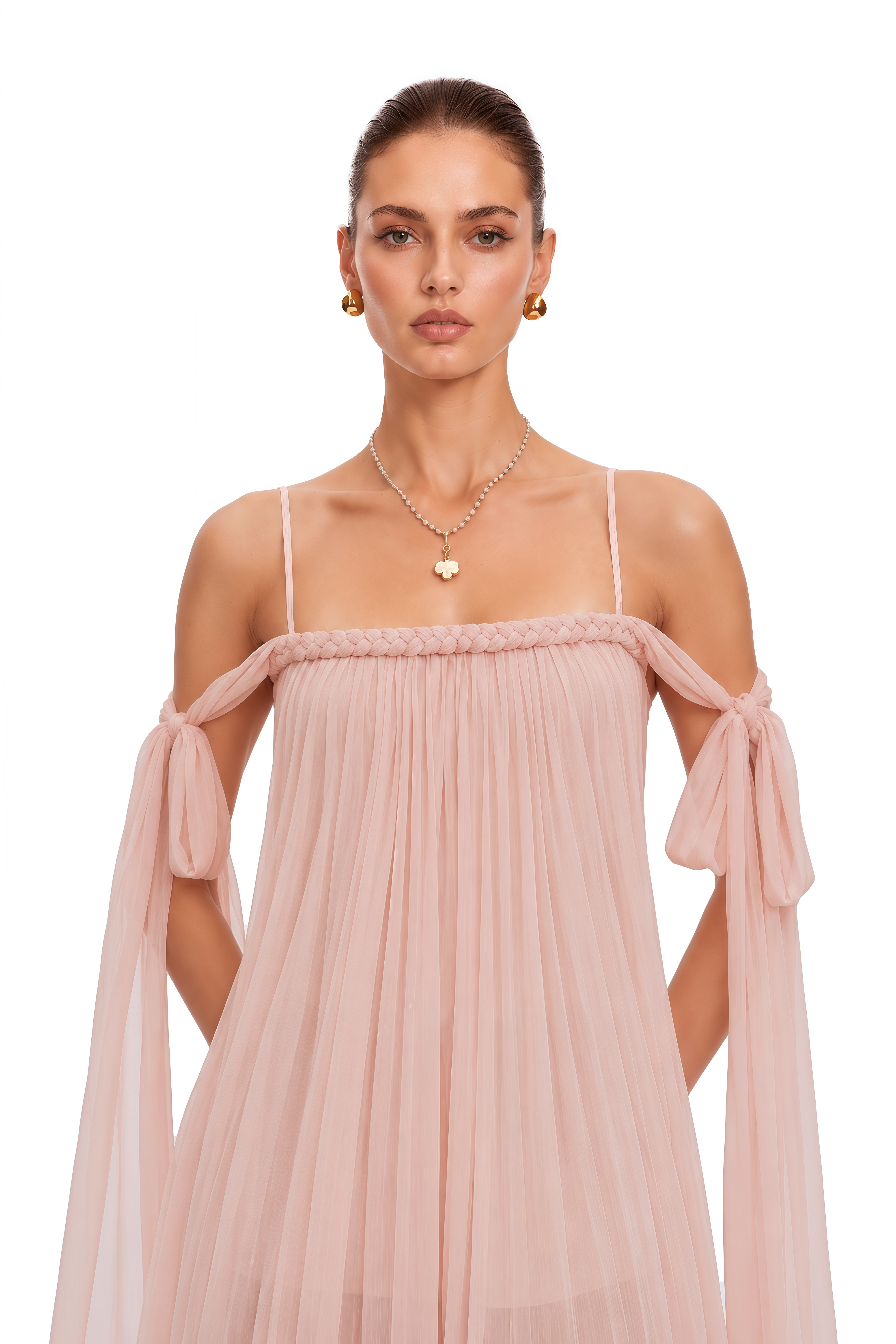 Agathe Pink Braid Detail Pleated Maxi Dress