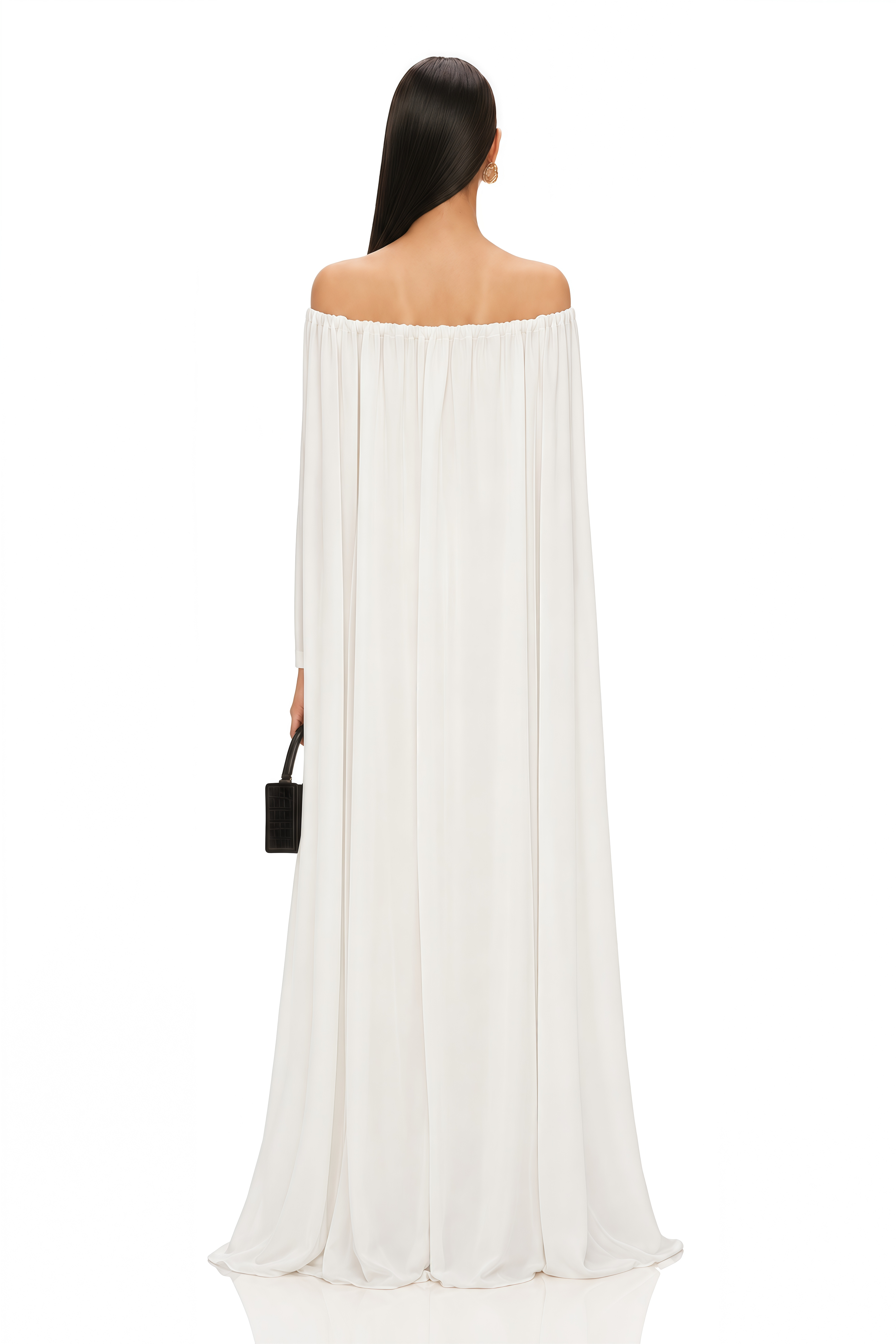 Patrizia White Cape-Design Draped Tulle Maxi Dress