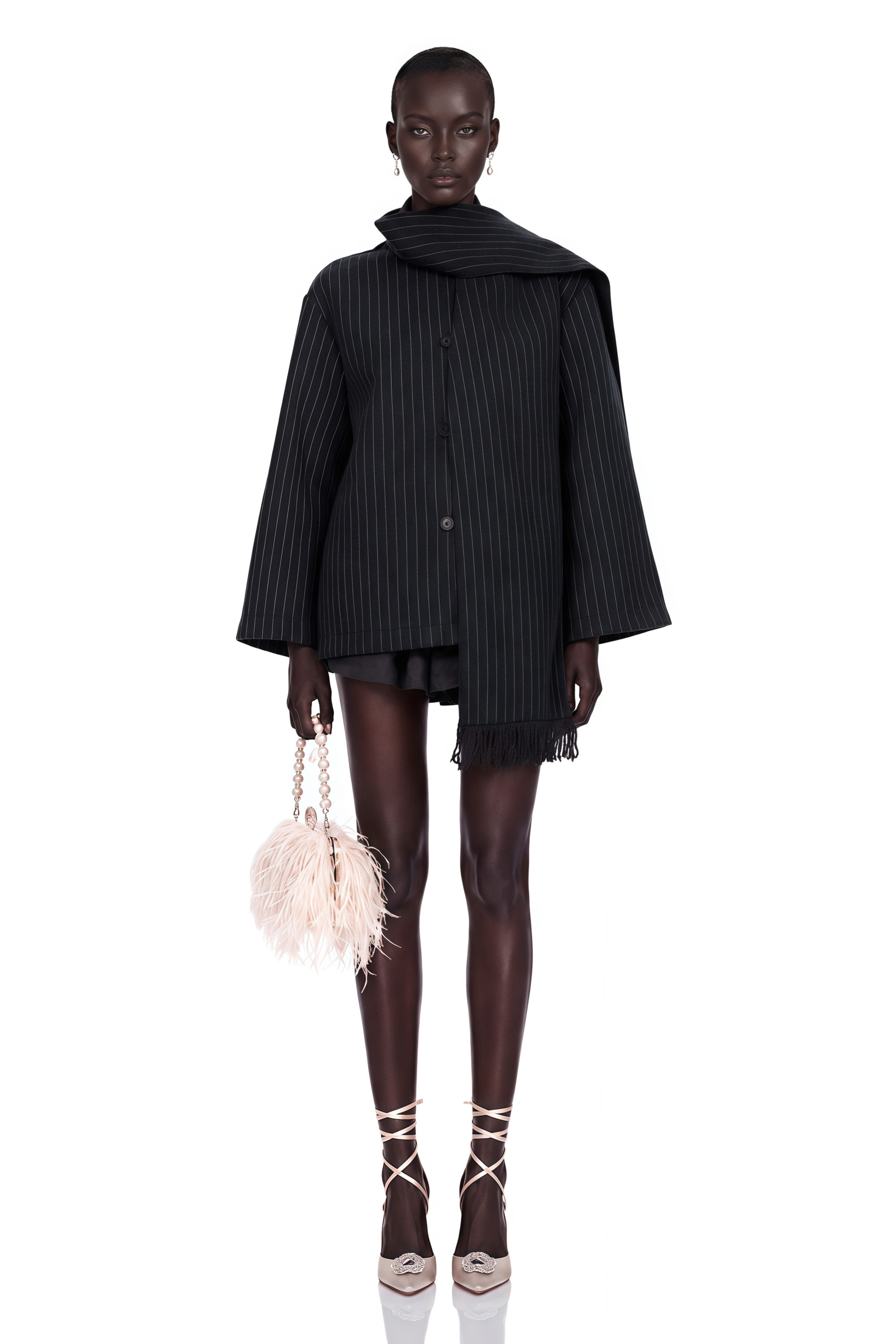 Carlotta Grey Scarf Striped Tweed Short Coat