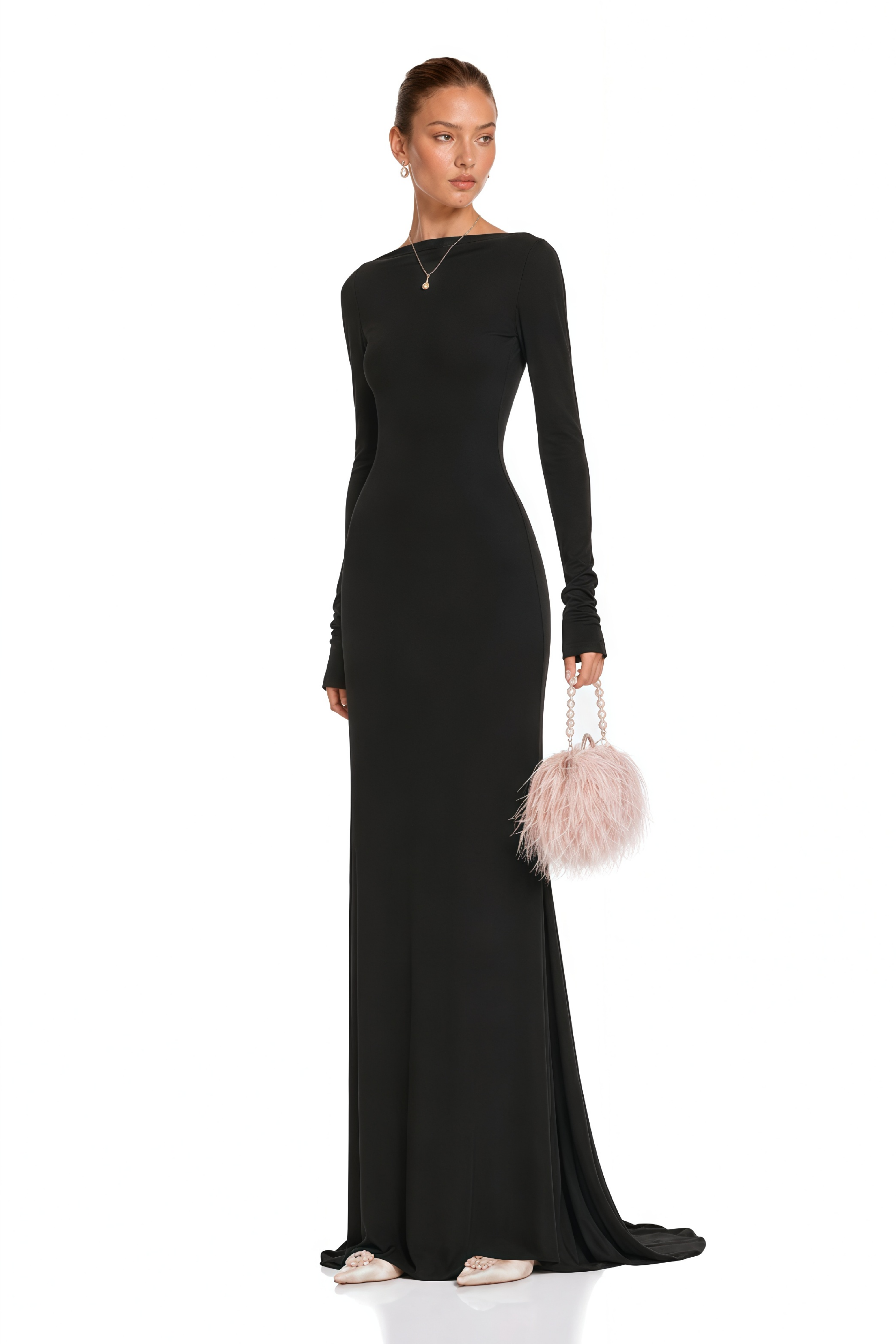 Caterina Black Open Back Maxi Gown with Train