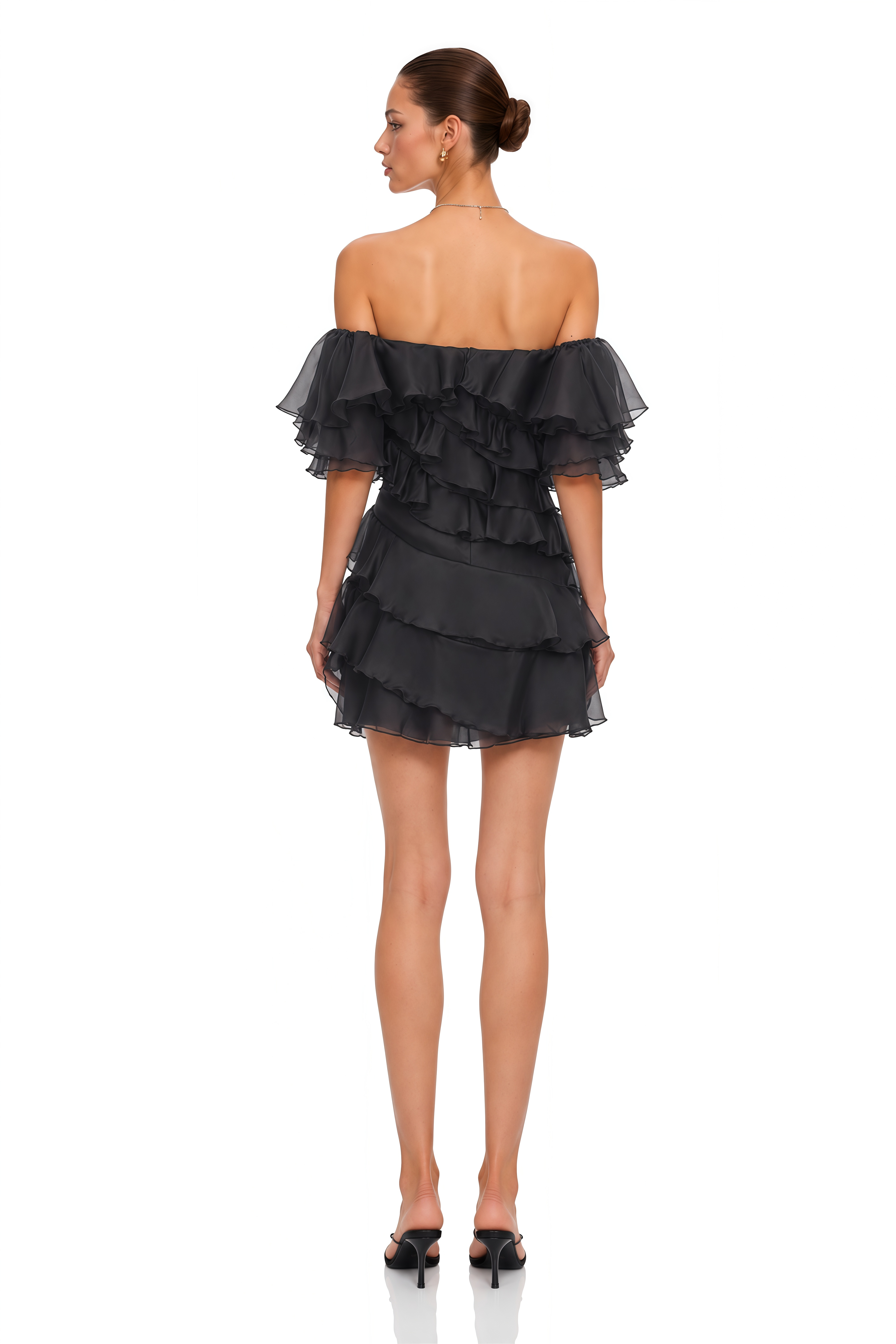 Cerise Asymmetrical Flounce Mini Dress in Black