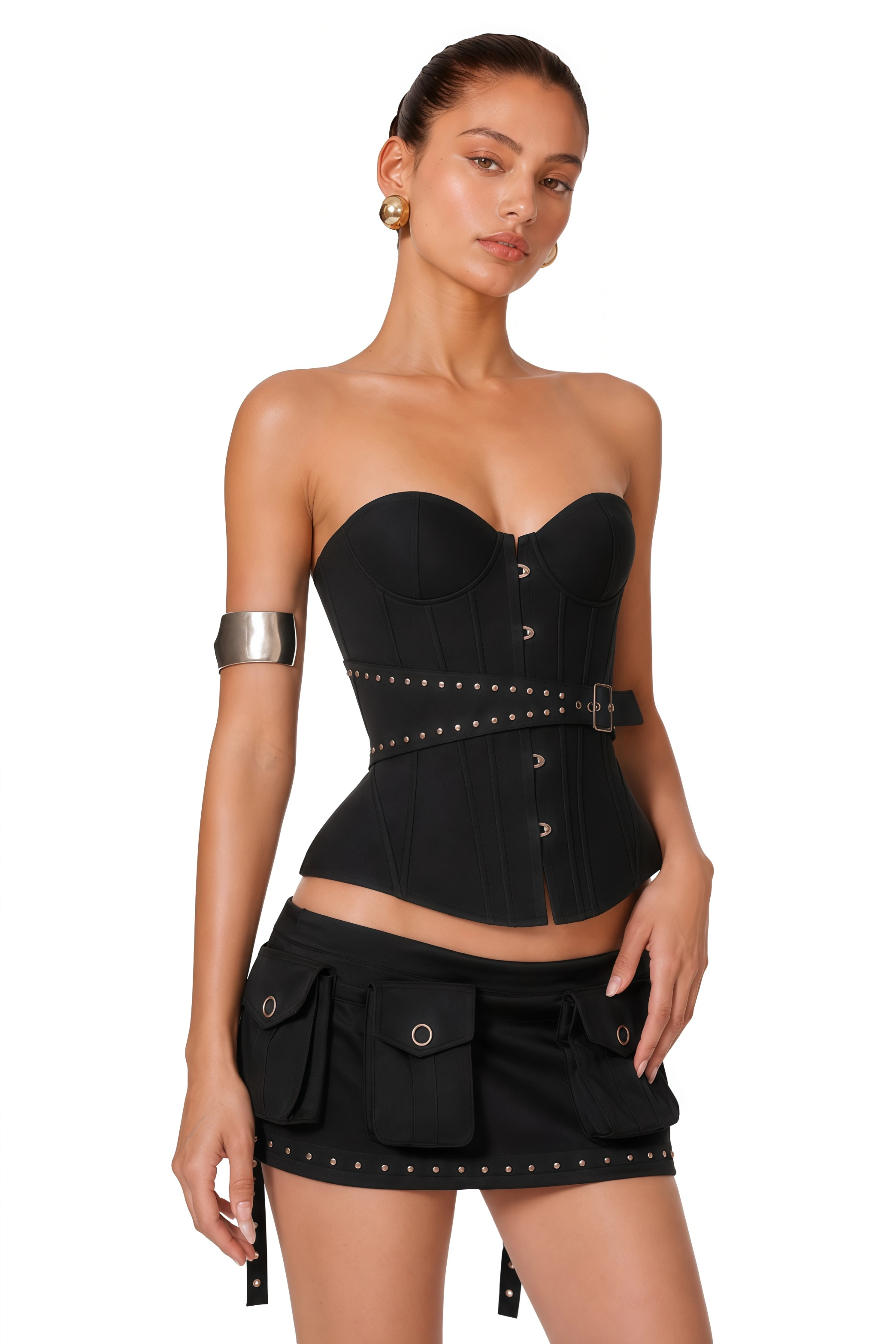 Tiril Black Studded Belted Corset Top
