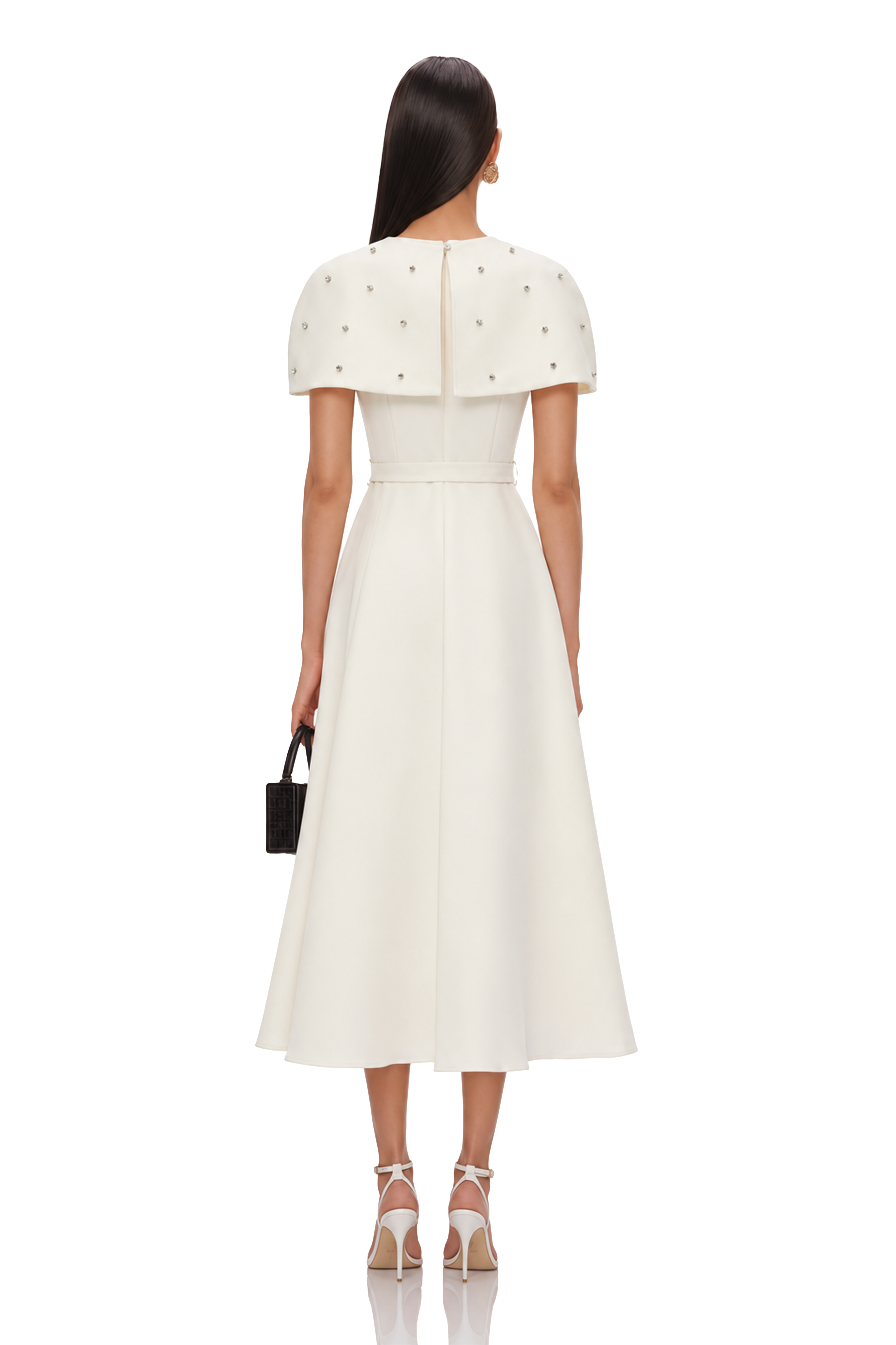 Sawda White Embellished Midi Dress with Cape