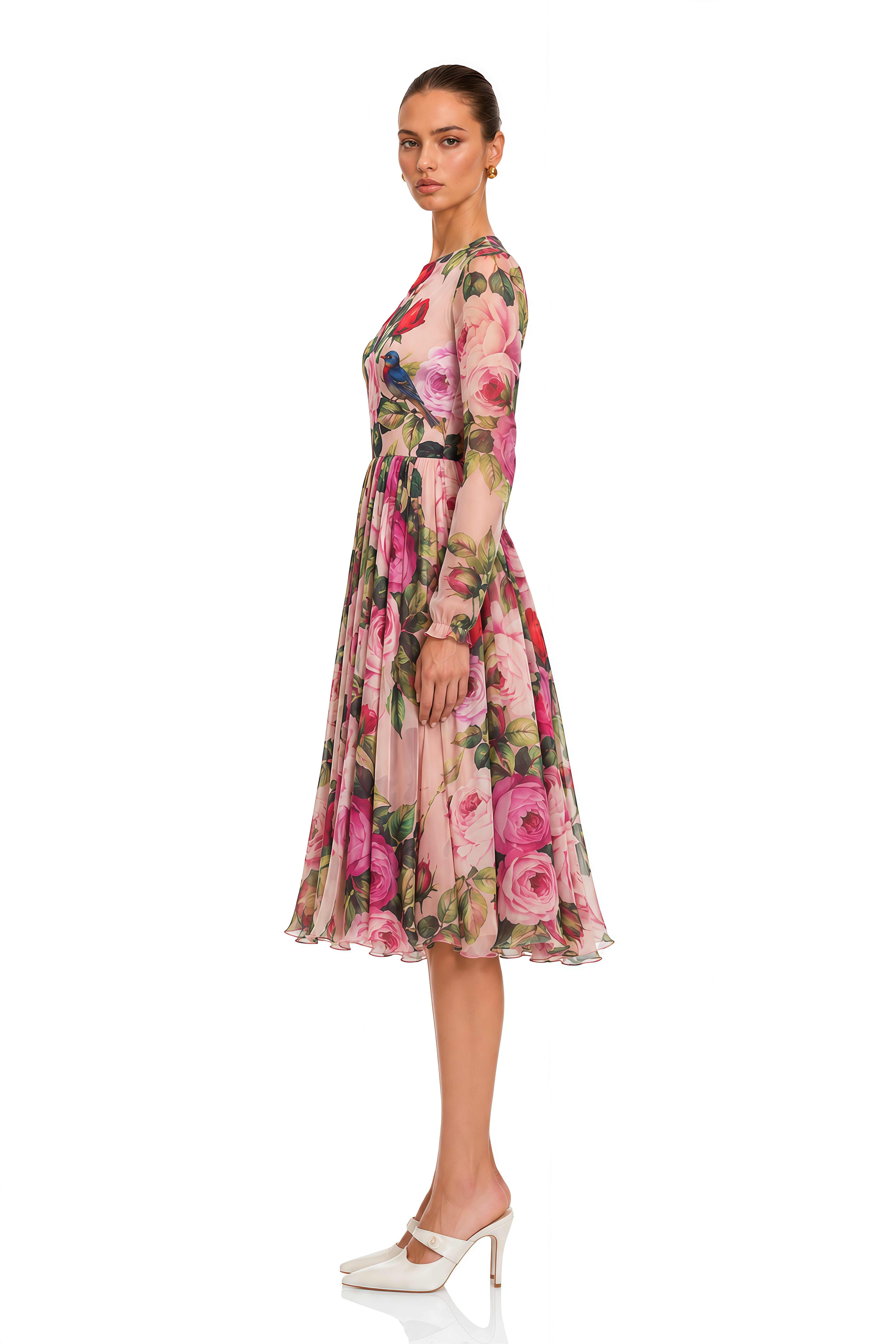 Coralie Pink Rose Print Summer Silk Midi Dress