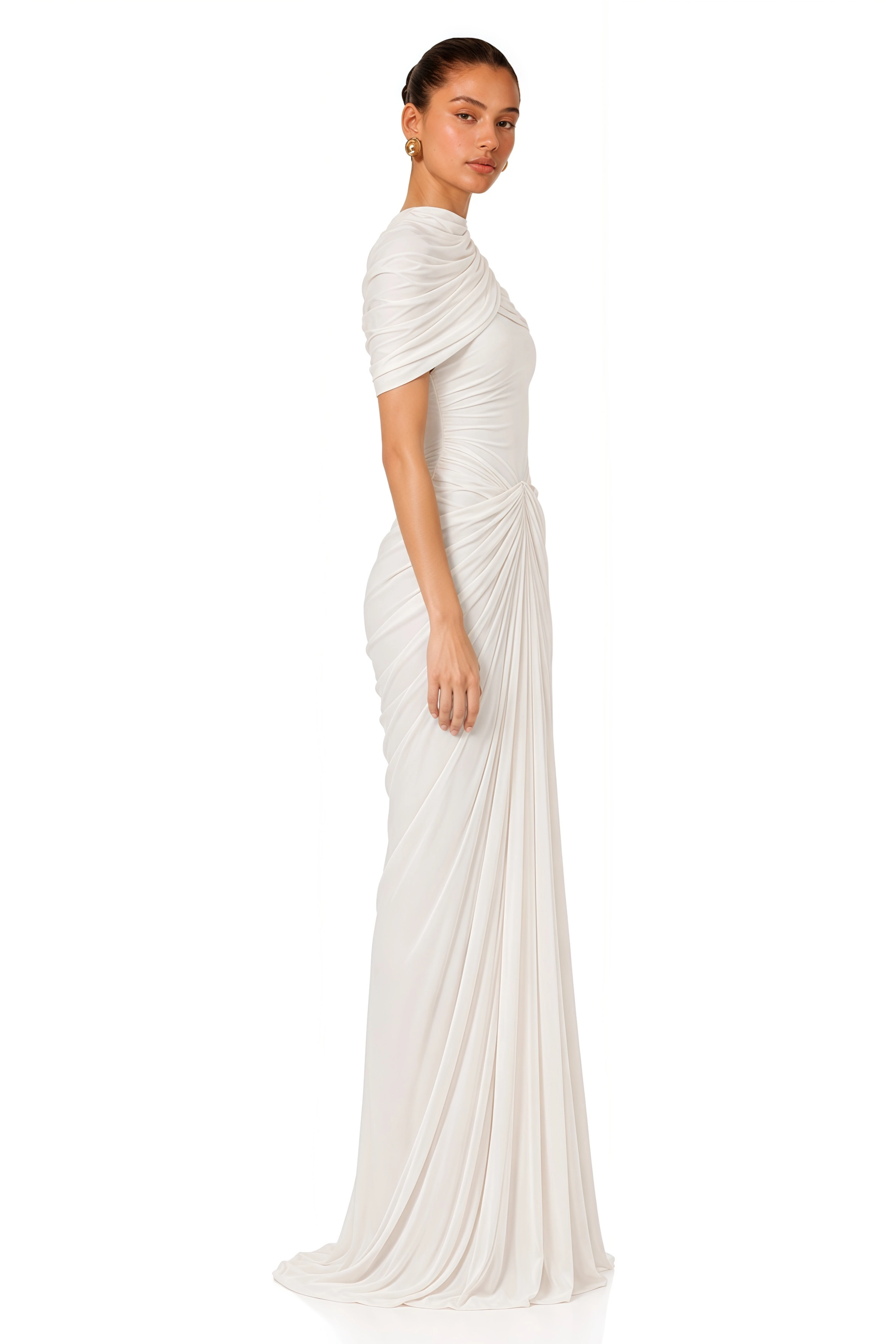 Zeynep White Ruched Maxi Dress with Cape Sleeves