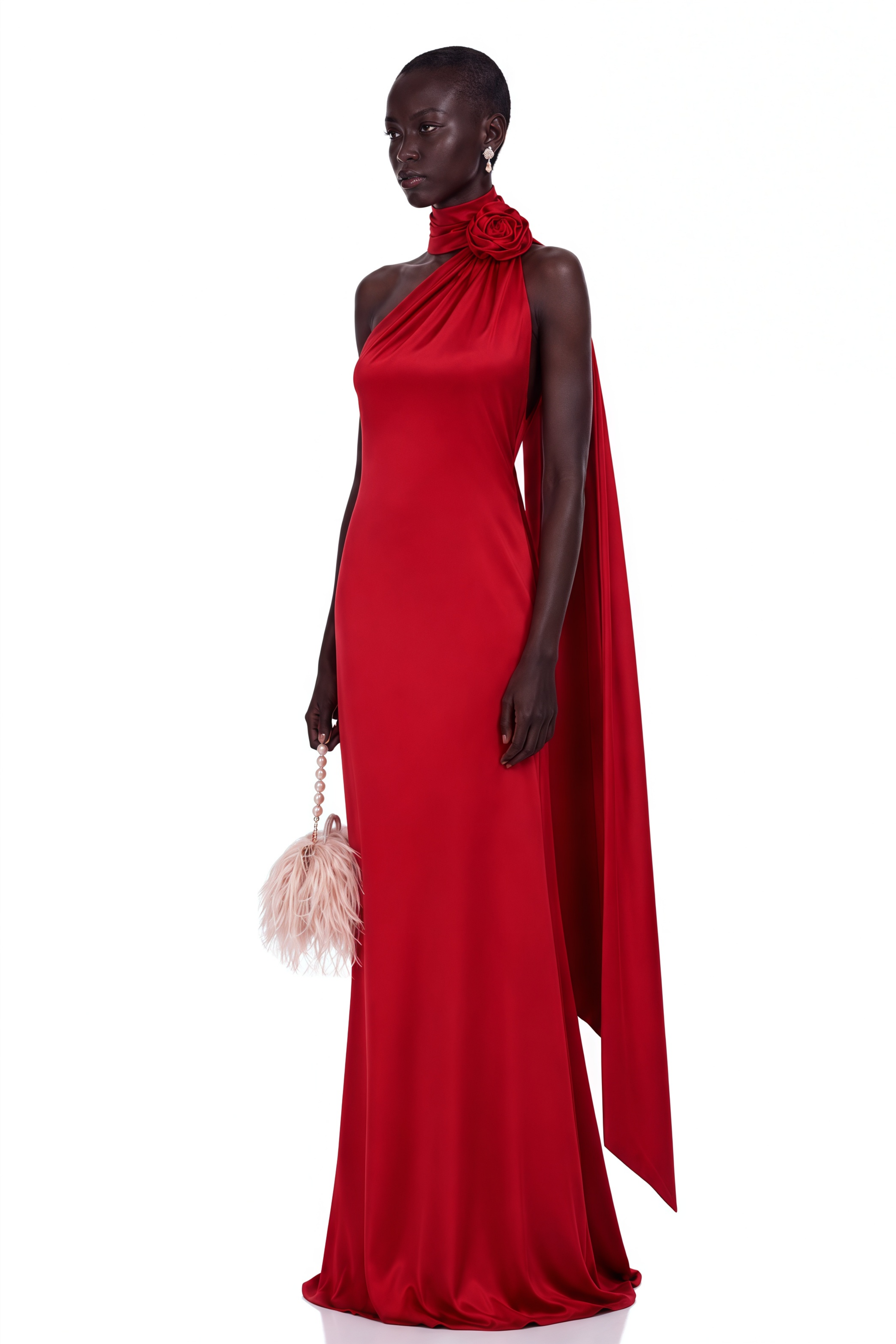 Frederica Red Halterneck 3D Petal Maxi Dress