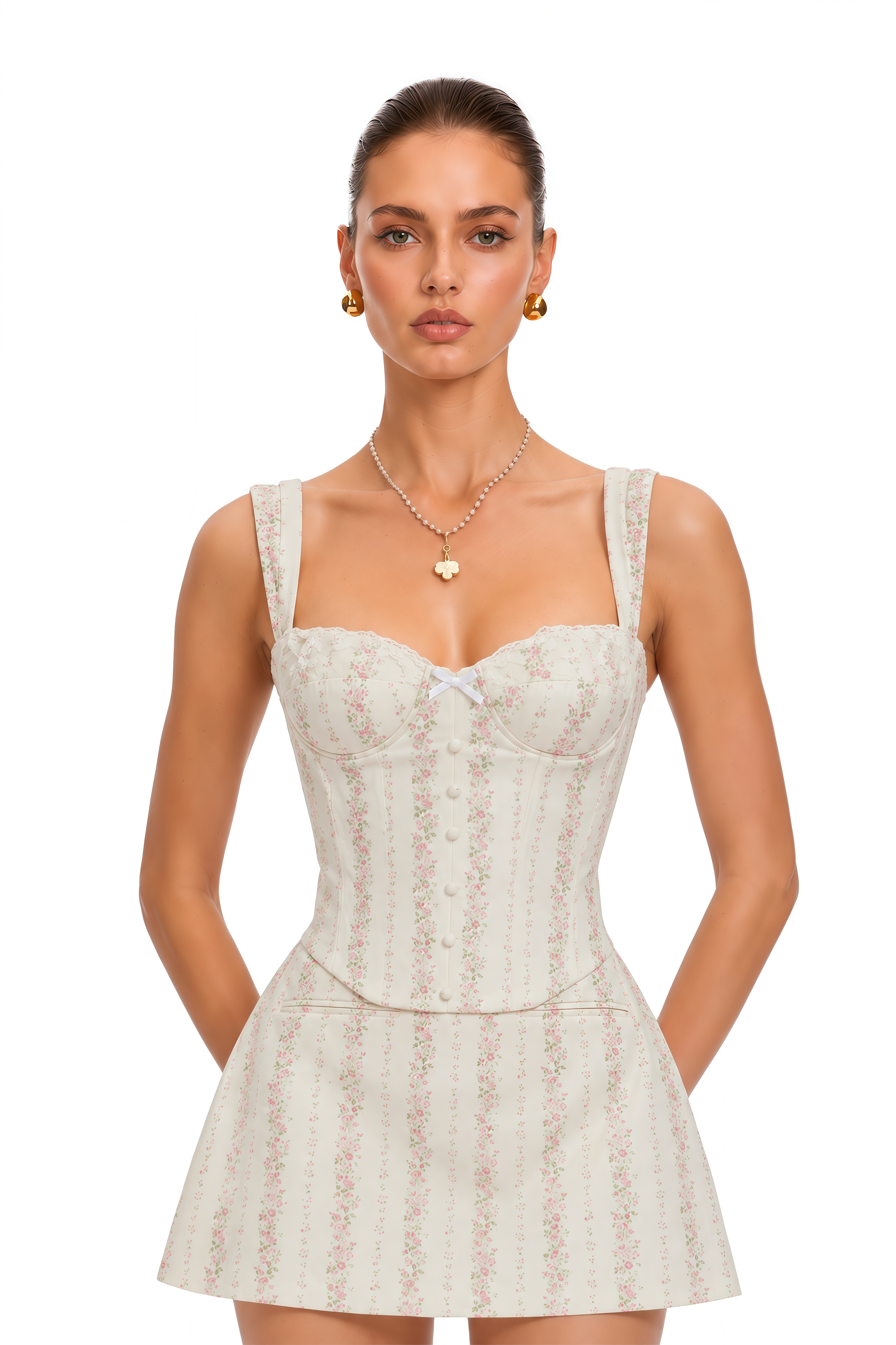 Ursula White Sleeveless Floral Print Top & Skirt Set