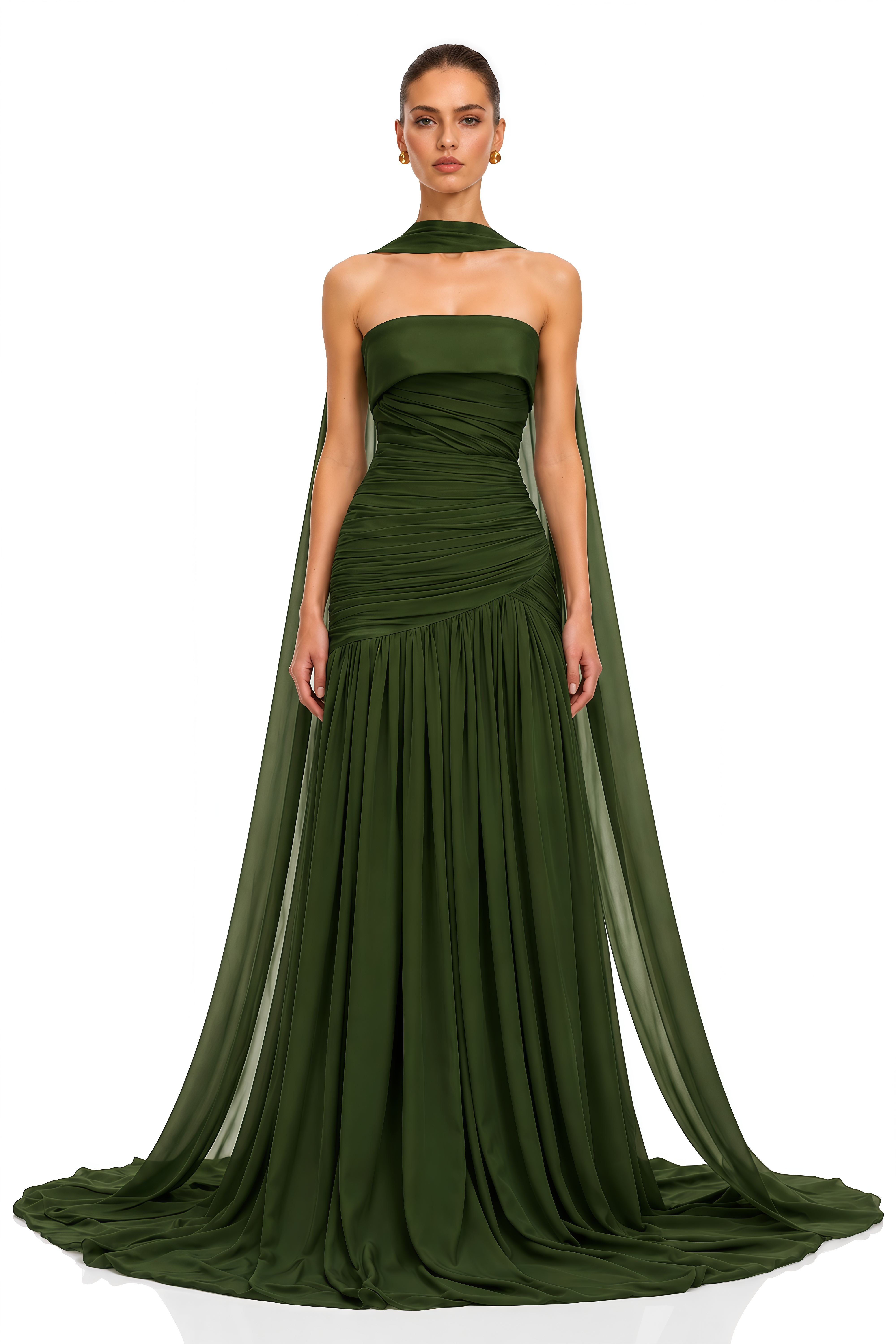 Laetitia Green Pleated Train Ruched Maxi Dress
