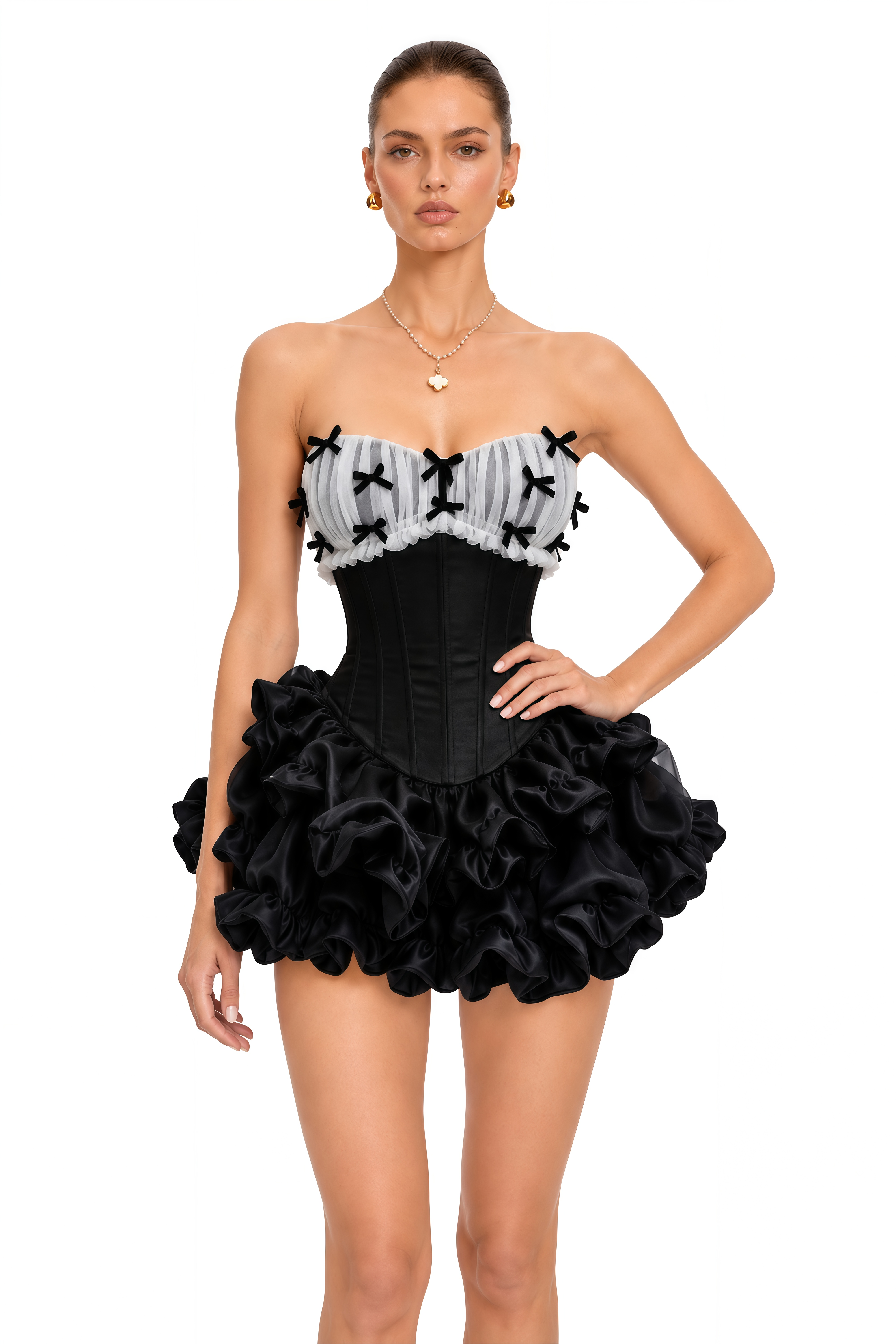 Laurine Black Ruffled Satin Mini Dress