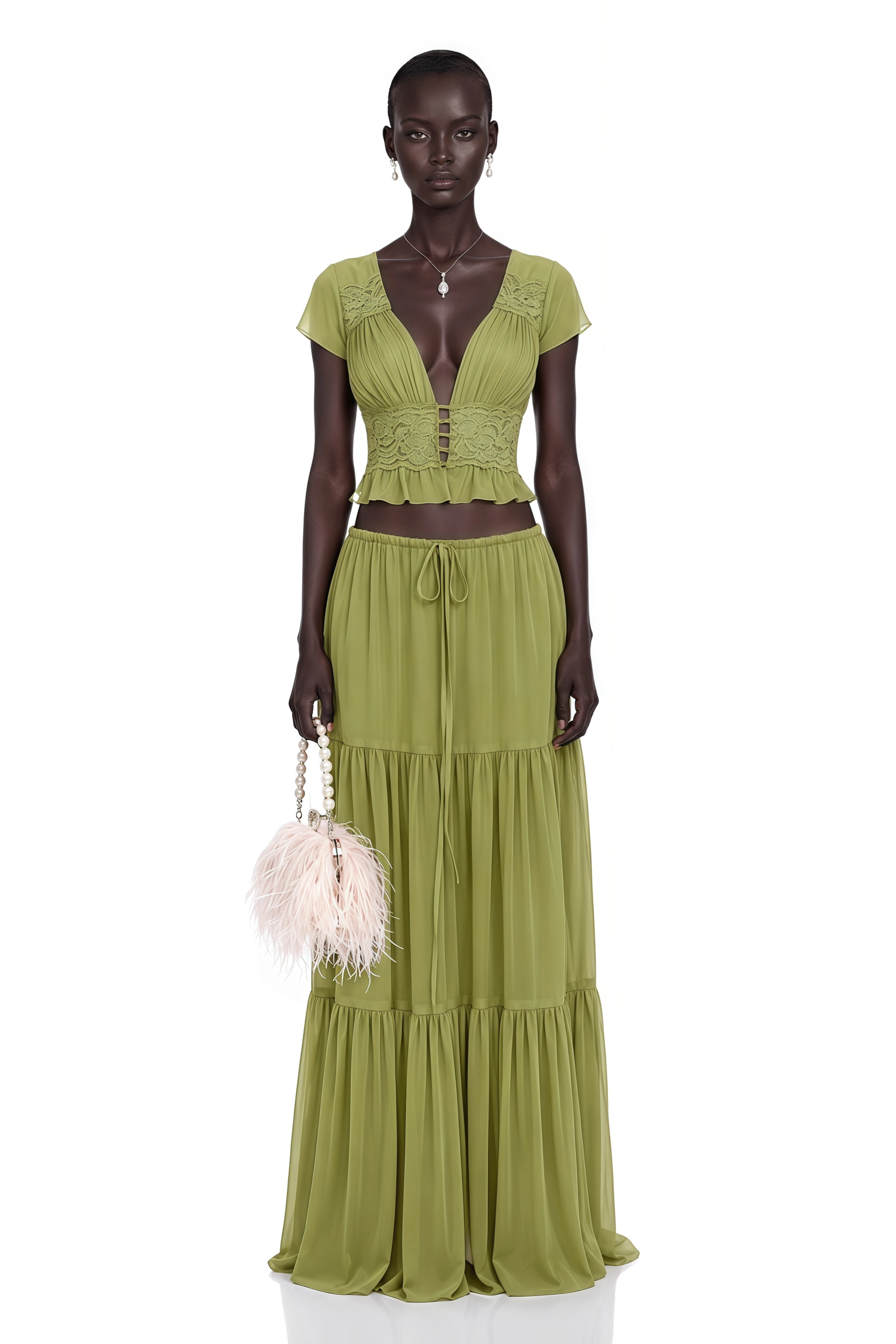 Pleiade Green Floral Lace Chiffon Top & Skirt Set