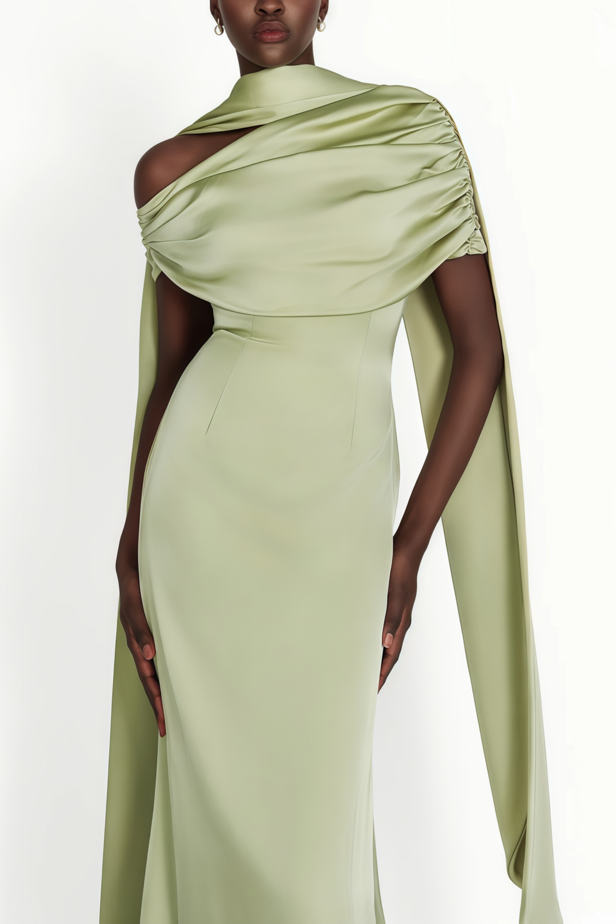 Green One Shoulder Satin Maxi Dress