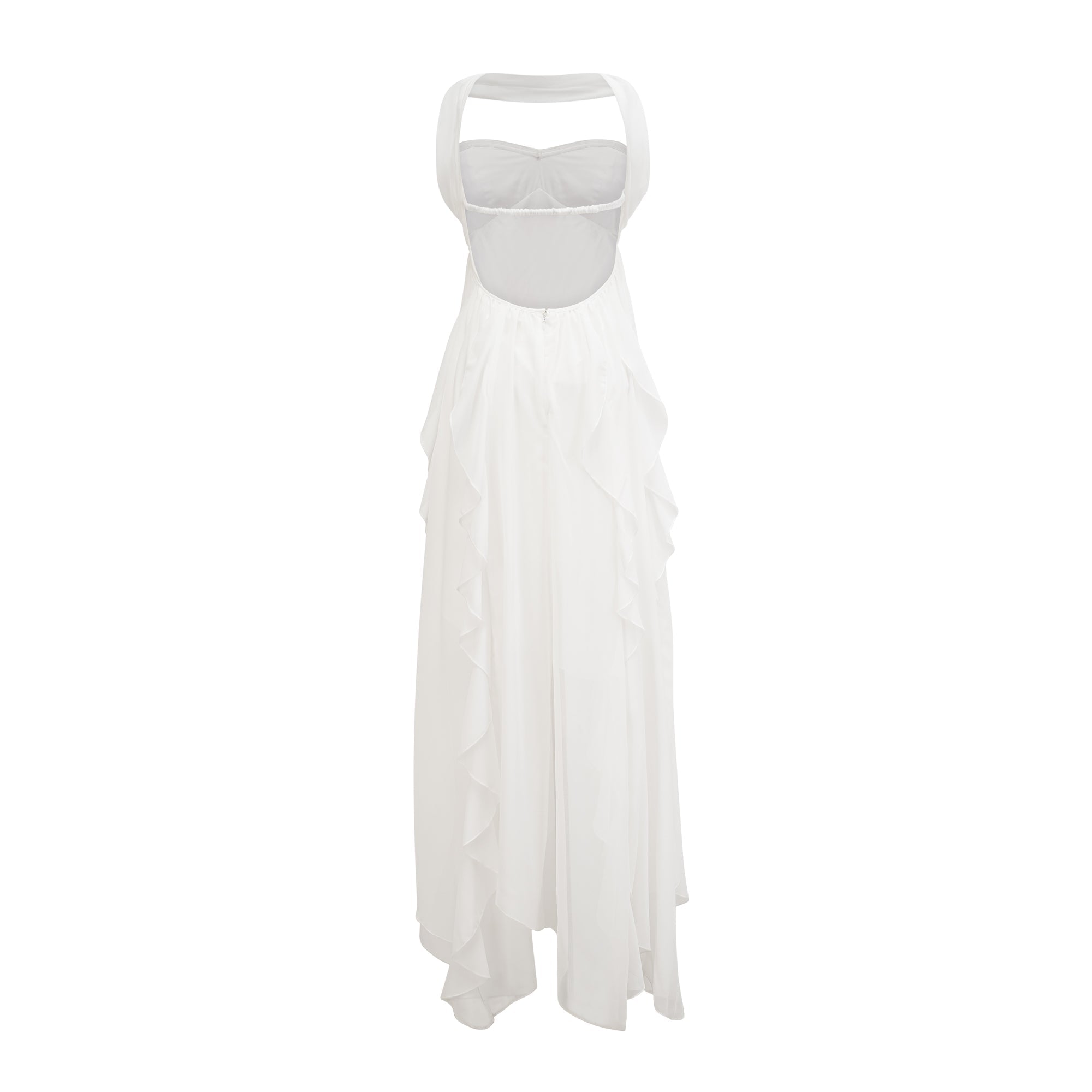 Mariah White Chiffon Ruffle Halterneck Maxi Dress – Miss Rosier