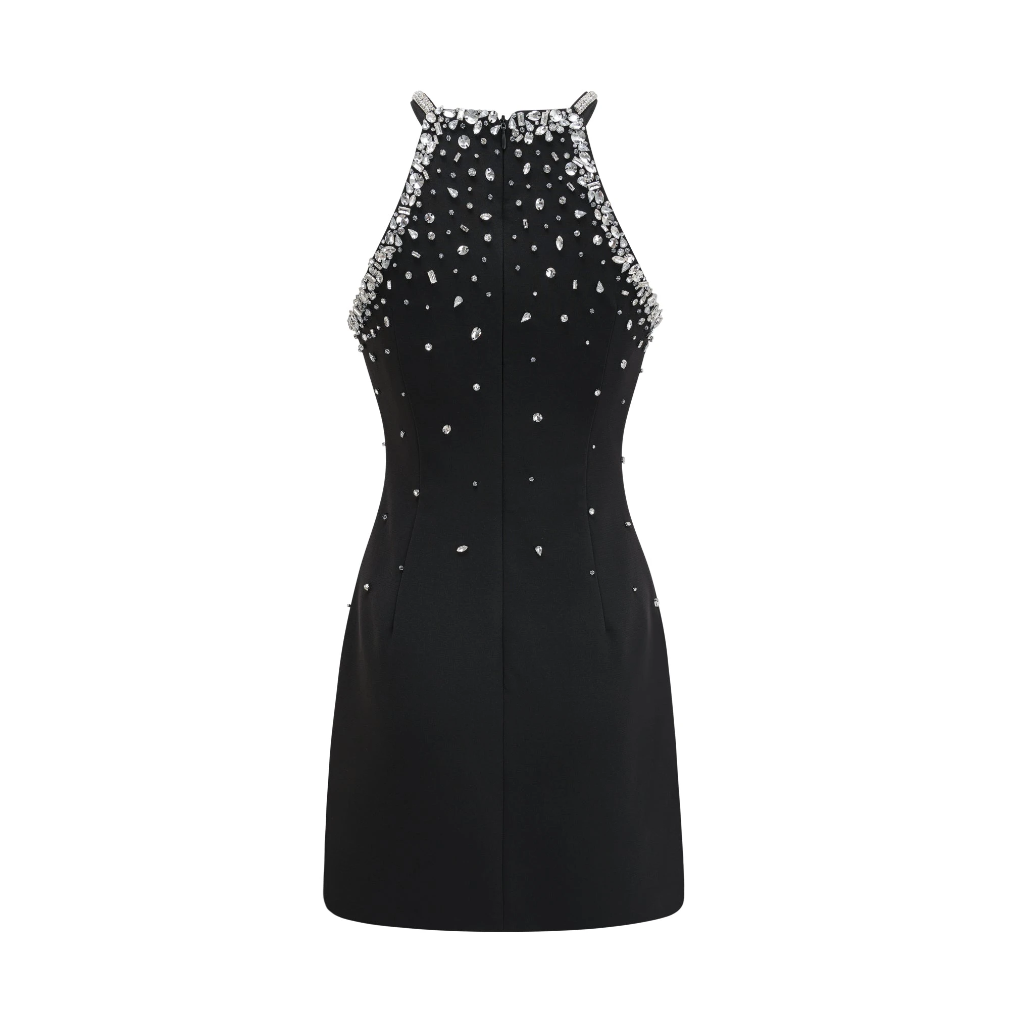 Black halter mini dress embellished with crystals on the neckline and bodice
